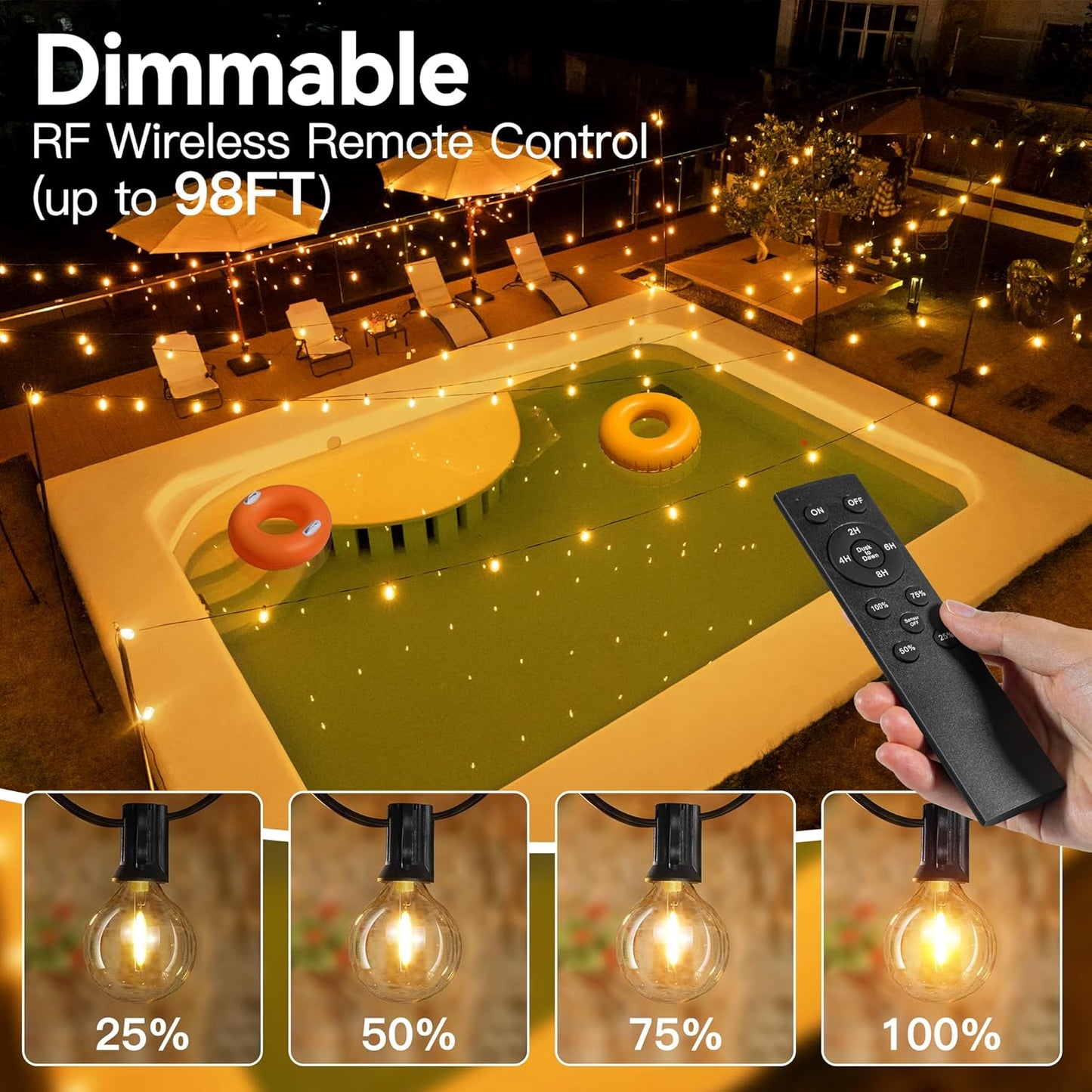 Outdoor Lights with Remote Dimmer, 50 + 3 Spare G40 LED Bulbs Plug in Connectable Patio Light, Waterproof Hanging Lights for Backyard Indoor Camping Balcony Yard Deck Decor (100 FT)