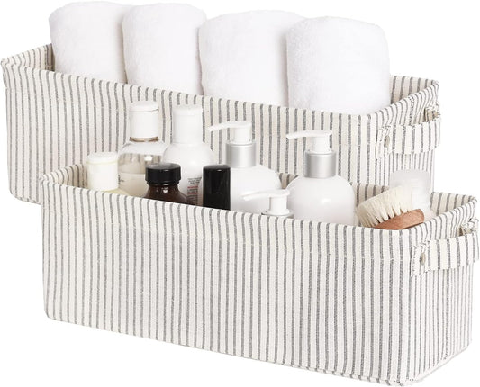 StorageWorks Narrow Storage Bins, Small Basket for Closet and Shelves, Fabric Organizer with Handles, Toilet Paper Storage, Gray and White Stripes, 2-Pack