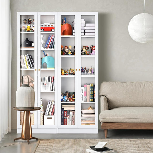 5 Tier Metal Curio Cabinets, Modern Bookshelf Cabinet with 4 Adjustable Shelves, Cabinet Display Case for Home Office, Living Room, Pantry (White-23.54W)