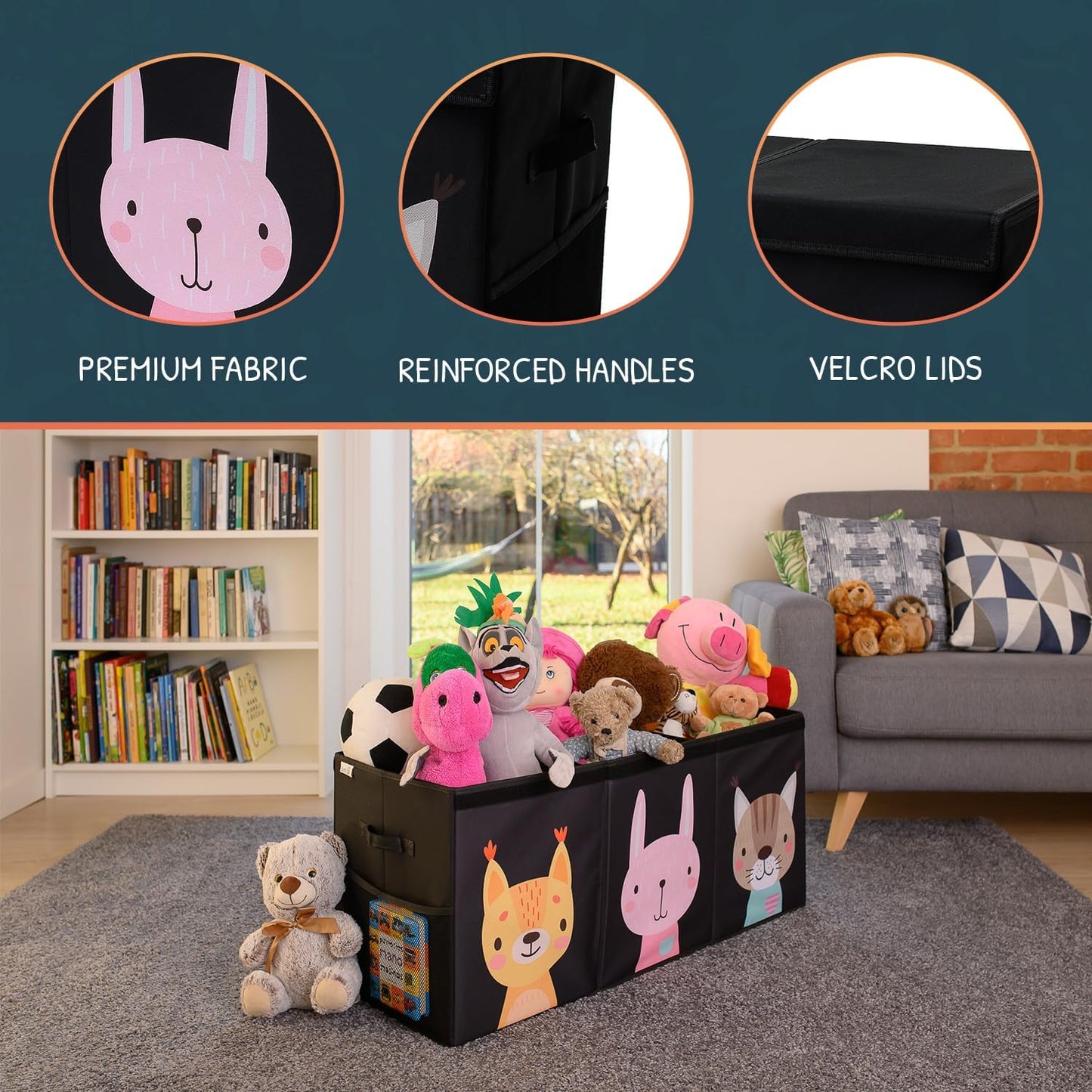 Extra Large Toy Storage Organizer with Lid - Sturdy, Collapsible Toy Chest Storage Box with Cute Design - Toys Bin with Dividers for Kids, Boys, Girls, Nursery, Bedroom, Play room 37"x16"x14"