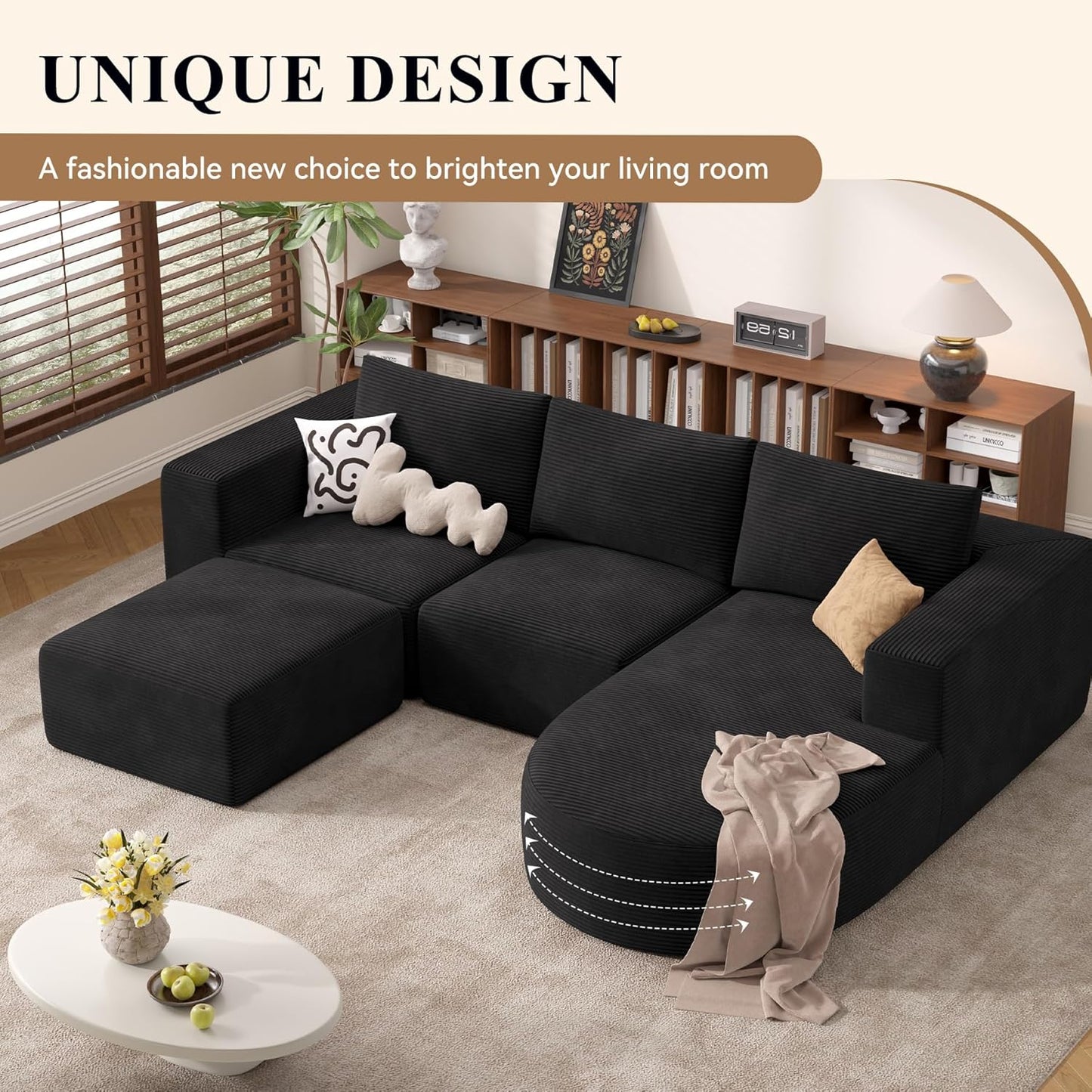 Modular Sectional Sofa with L-Shape Chaise,Cloud Sectional Modern Sleeper Couch with Deep Seat,Sponge Compression Sofas No Assembly Required (Black-Corduroy Fabric) 1pcs
