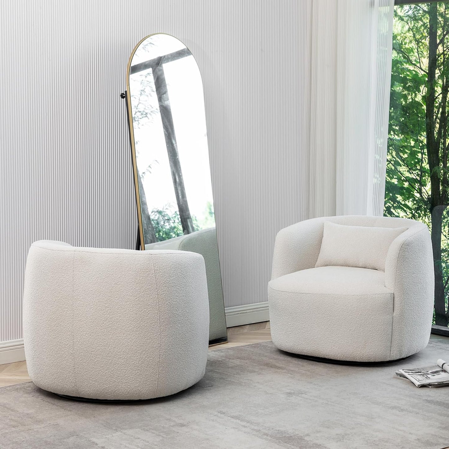 KINWELL 34" Wide Boucle Swivel Barrel Chairs Set of 2, No Assembly Round Upholstered Armchairs Accent Chairs Single Sofa Chair with Toss Pillow for Living Room and Bedroom, Beige