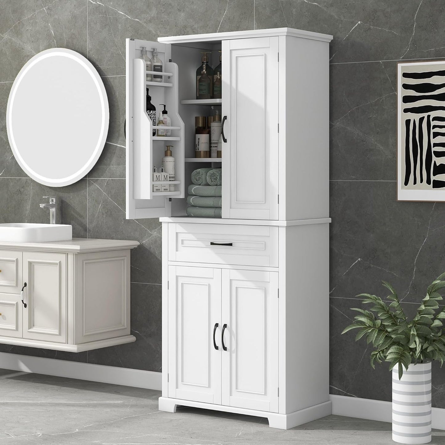 72.2" Tall Storage Cabinet with 4 Doors and Drawer, Freestanding Linen Cabinet, Wooden Pantry with Adjustable Shelf for Kitchen, Bathroom, Living Room White