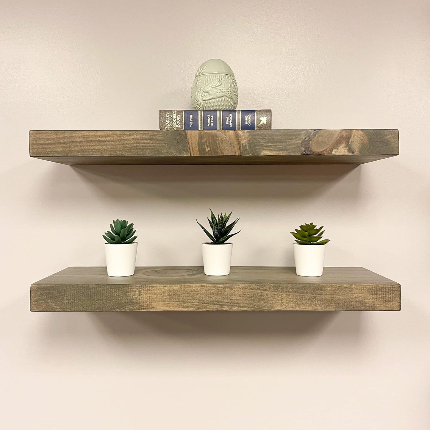 PJ DECOR URBANDI, Rustic Floating Shelves, Set of 2, Hidden Bracket, Solid Wood, Heavy Duty, Wall Mounted Shelves, (Grey, 24Wx6D)