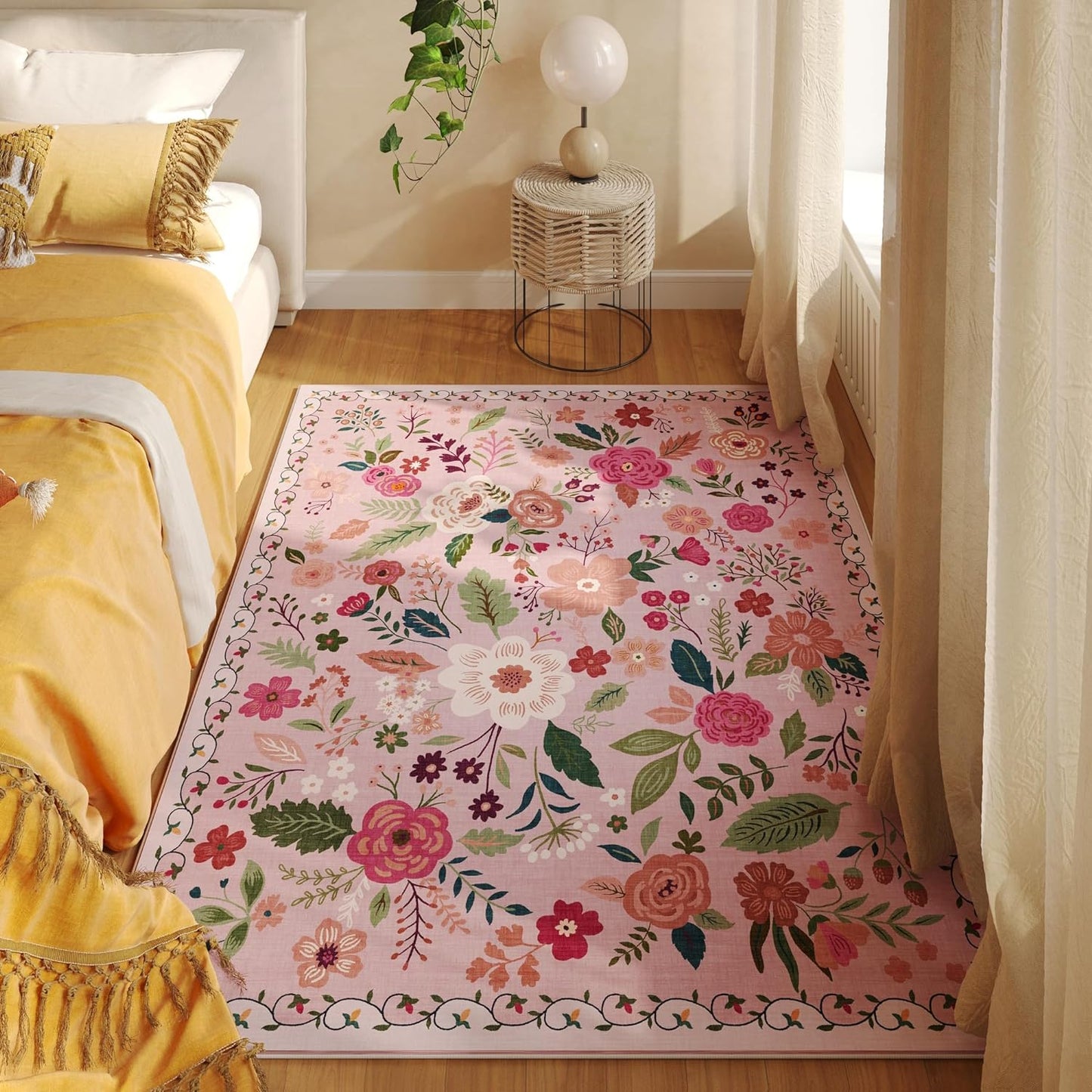 Area Rug 4x6 Rug Washable Boho Rugs Non Slip Low Pile Floral Small Carpet for Bedroom, Bedside, Kids Room, Office, Dining Room(Pink)