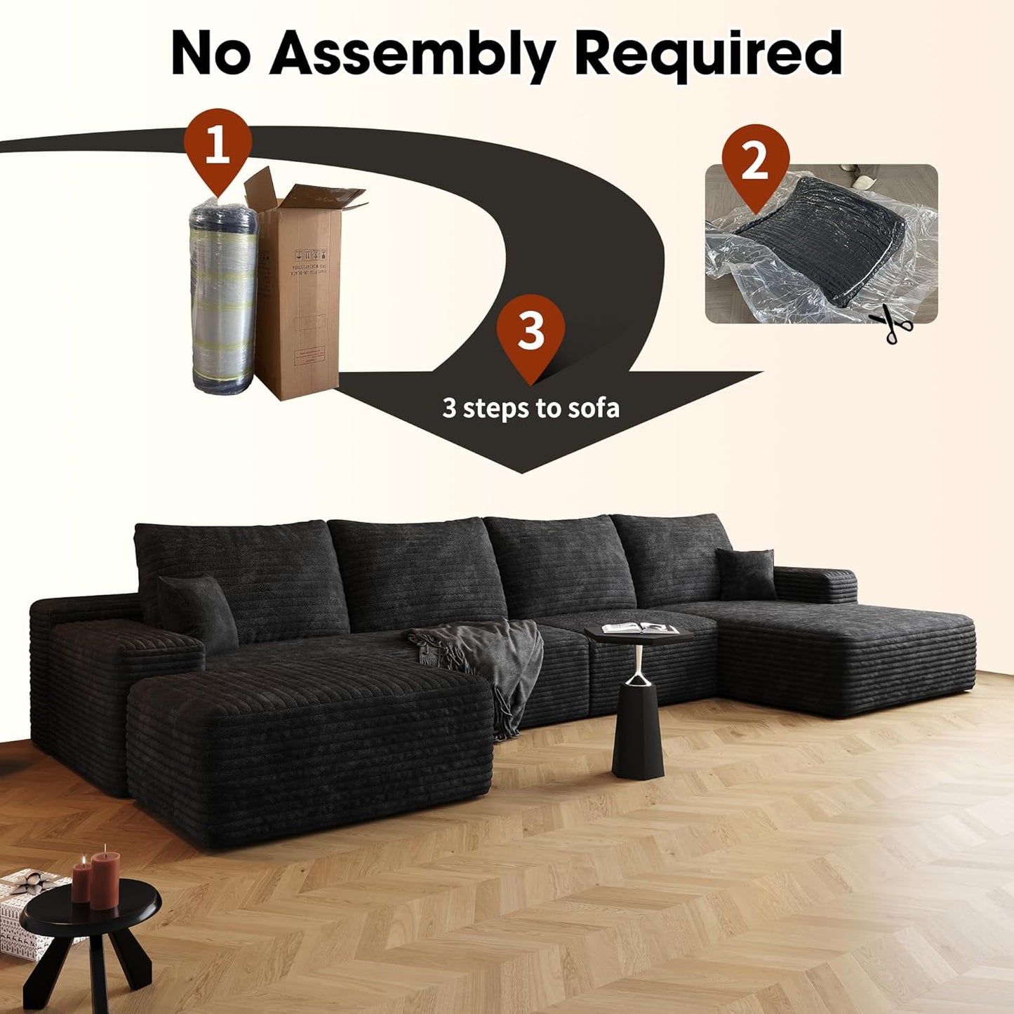 136" Sectional Couches for Living Room Modern Modular Sofa with L-Shape Couchs Upholstered Boneless Couch Deep Seat Sectional Couch with Chaise (Black, Right Facing Chaise+3Seaters+Ottoman)