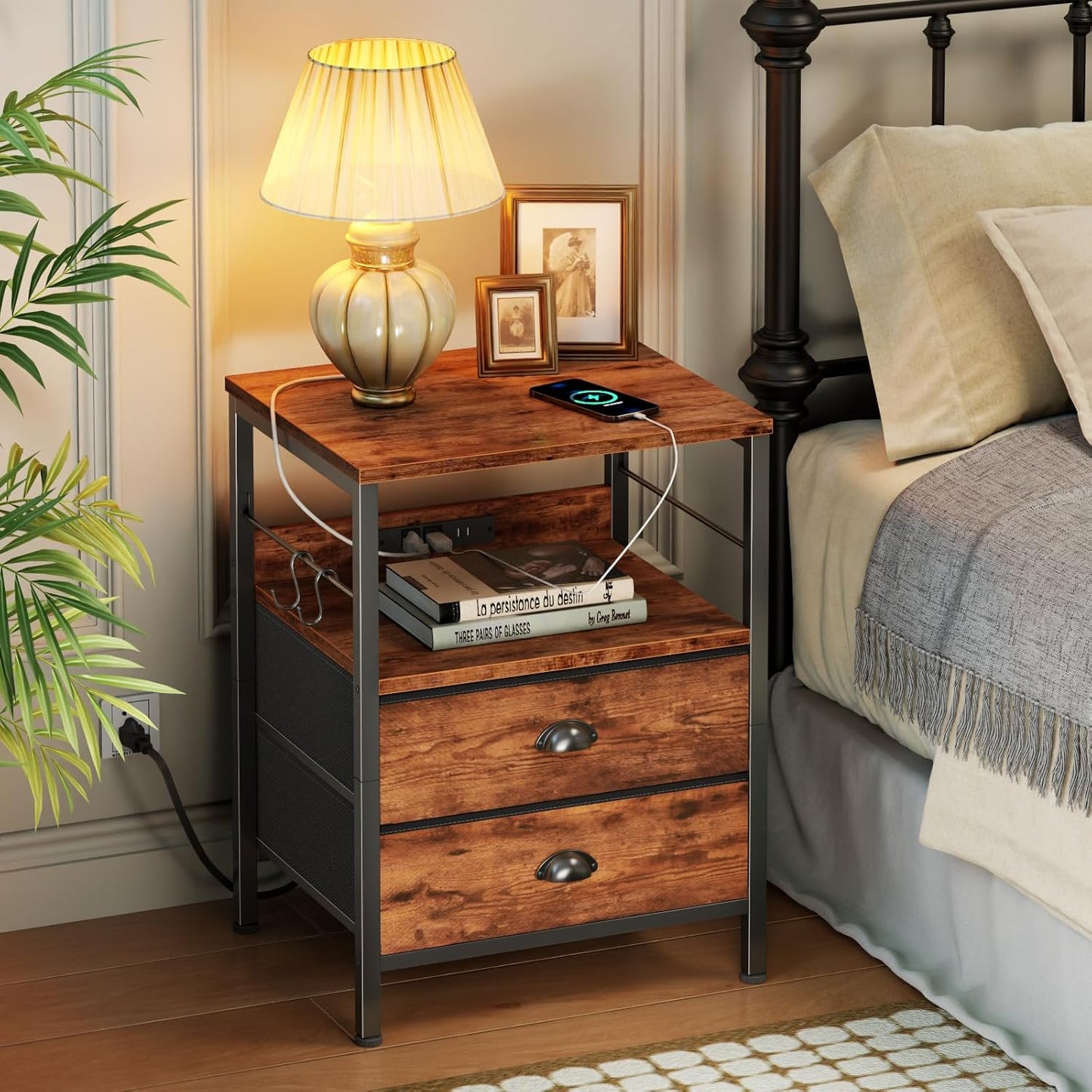 Furologee Night Stand with Charging Station, Bedside Table with Fabric Drawers, End Table with USB Ports & Outlets, Rustic Nightstand with Storage Shelf & Hooks, for Living Room/Bedroom, Rustic Brown
