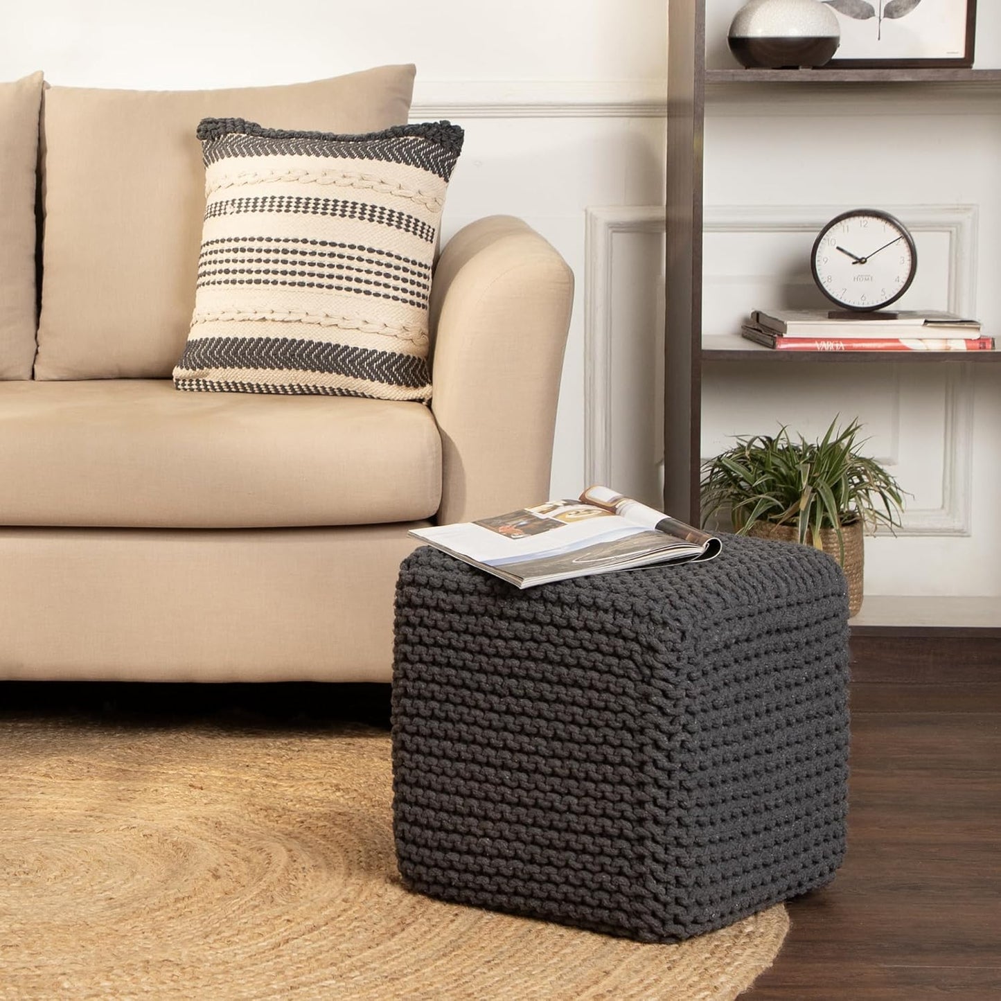 REDEARTH Cube Pouf Foot Stool Ottoman - Hand Knitted Coffee Table - Cotton Cord Boho Pouffe - Home Décor Poof - Stuffed Footrest for Living Room - Bedroom - Patio (16" x 16" x 16") - Dark Gray