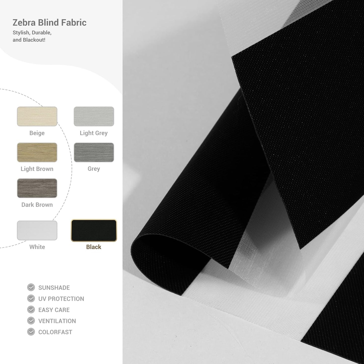 Cordless Zebra Blinds for Windows, Blackout Interior Blinds,Easy to Install,UV Protection,for Offices and Home,Custom Roller Shades, Solid Black, 19" W x 48" H