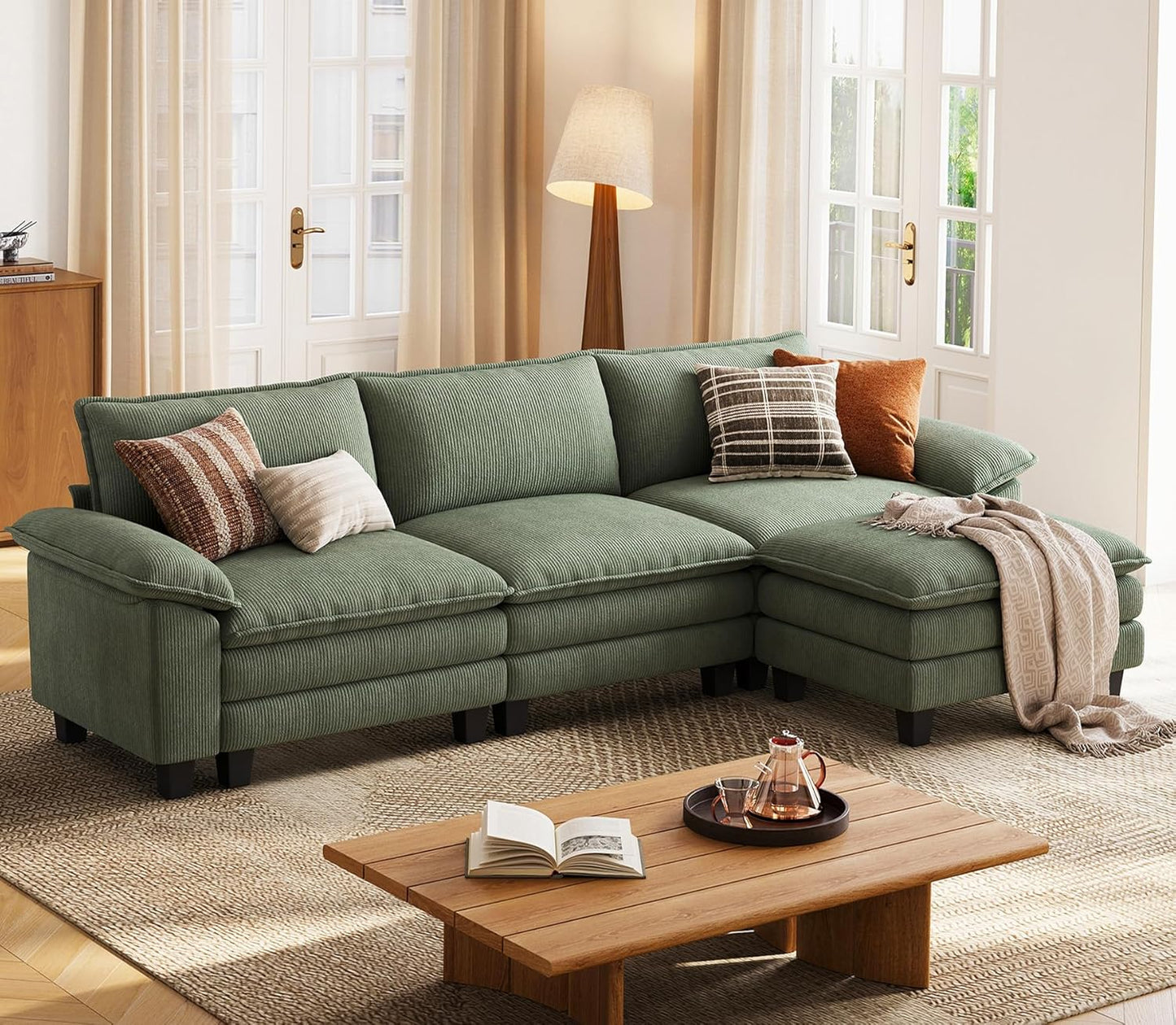 LINSY HOME Modular Sectional Sofa - 123'' Oversized Corduroy Cloud Couch L Shaped Couch with Movable Ottoman Soft Modern Comfy Sofa for Living Room Apartment Office, Green