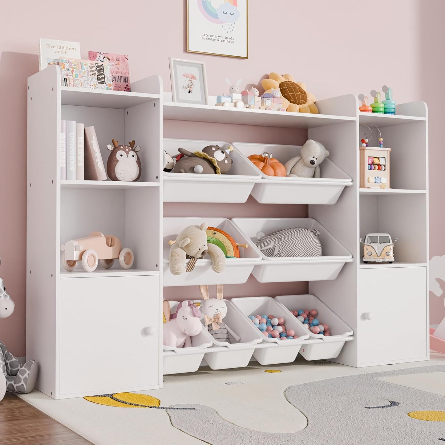 Xilingol Kids Toy Storage Organizer W/8 Removable Toy Bins, 4-Tier Toy Organizers W/6 Storage Cubbies, Kid Bookshelf and Toy Storage for Playroom, Bedroom, Kids Room, Classroom