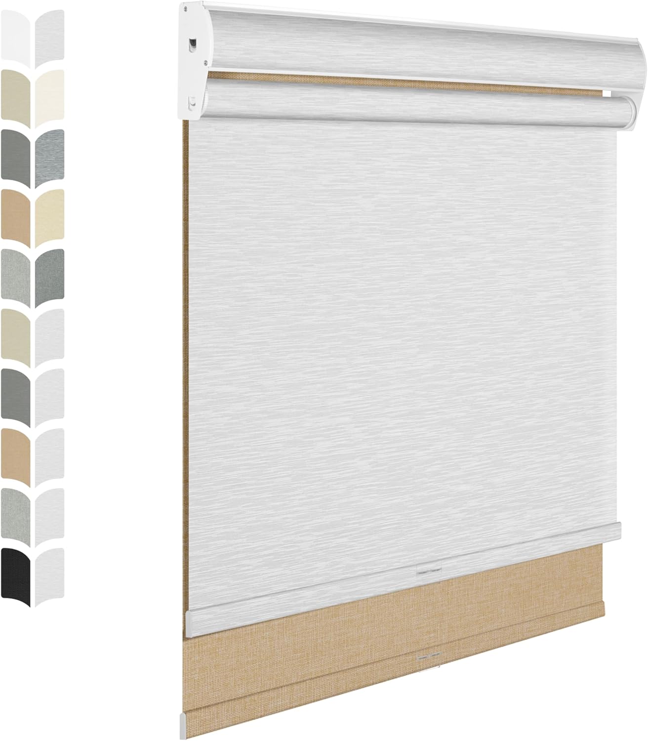 BERISSA Cordless Double Roller Shades with Cassette Valance, Blackout and Light Filtering Shades for Home Office Door. Linen Beige and White. 43 W x 80" H