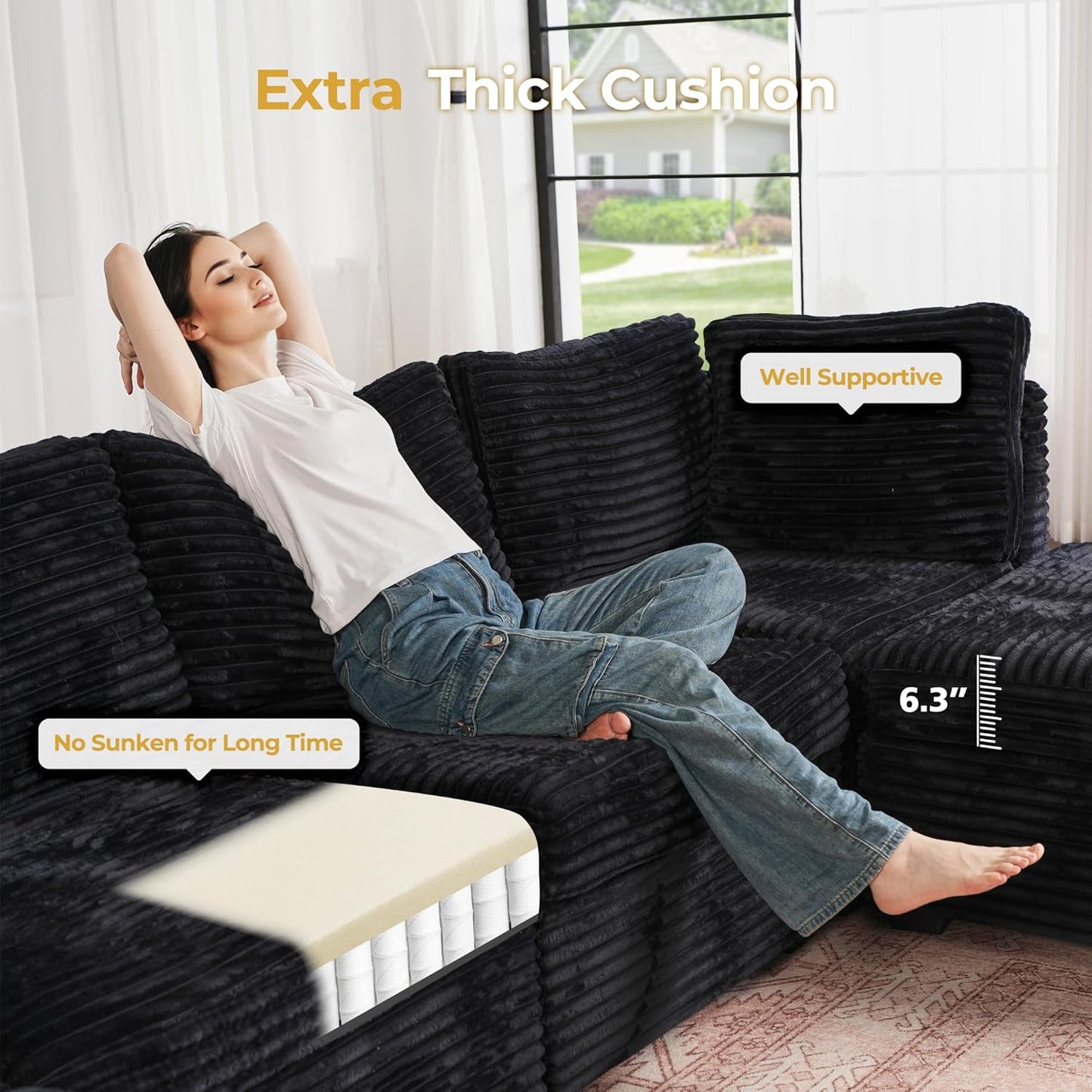 HOOOWOOO Modular Sectional Sofa,6 Pieces Sectional Couches for Living Room,98X98 L Shaped Cloud Couch with Ottoman Chaise Set(Black Velvet Corduroy)