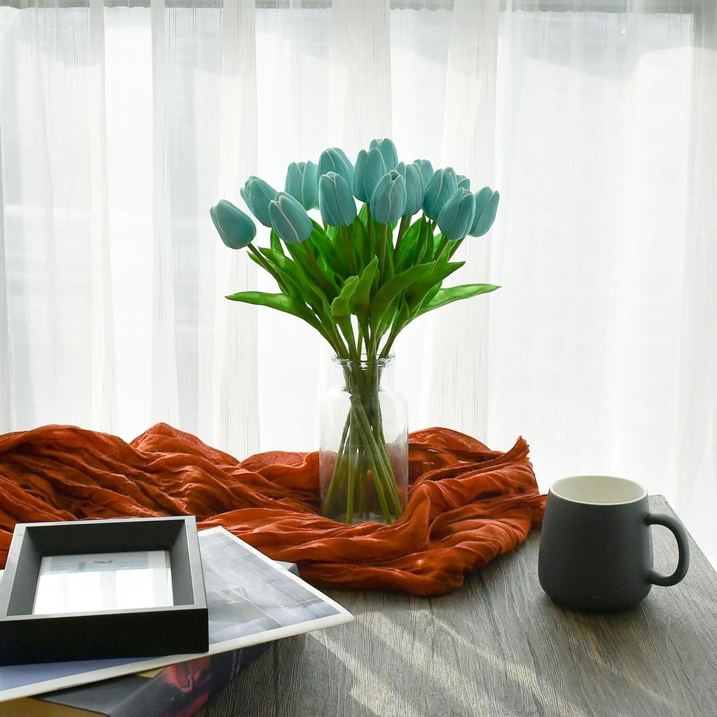 Mandy's Artificial Tulips 20 Stems Robin Egg Blue PU Faux Flowers for Wedding Home Decor 13.5 Inch