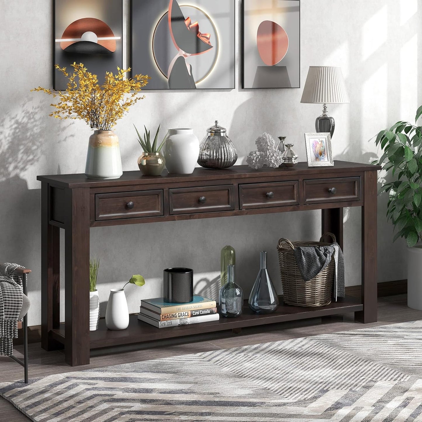 63" Solid Wood Console Table Sofa Table with Storage Drawers and Bottom Shelf,Farmhouse Entryway Table for Hallway Foyer,Sofa Couch Table,Fully Assembled (63" Espresso)