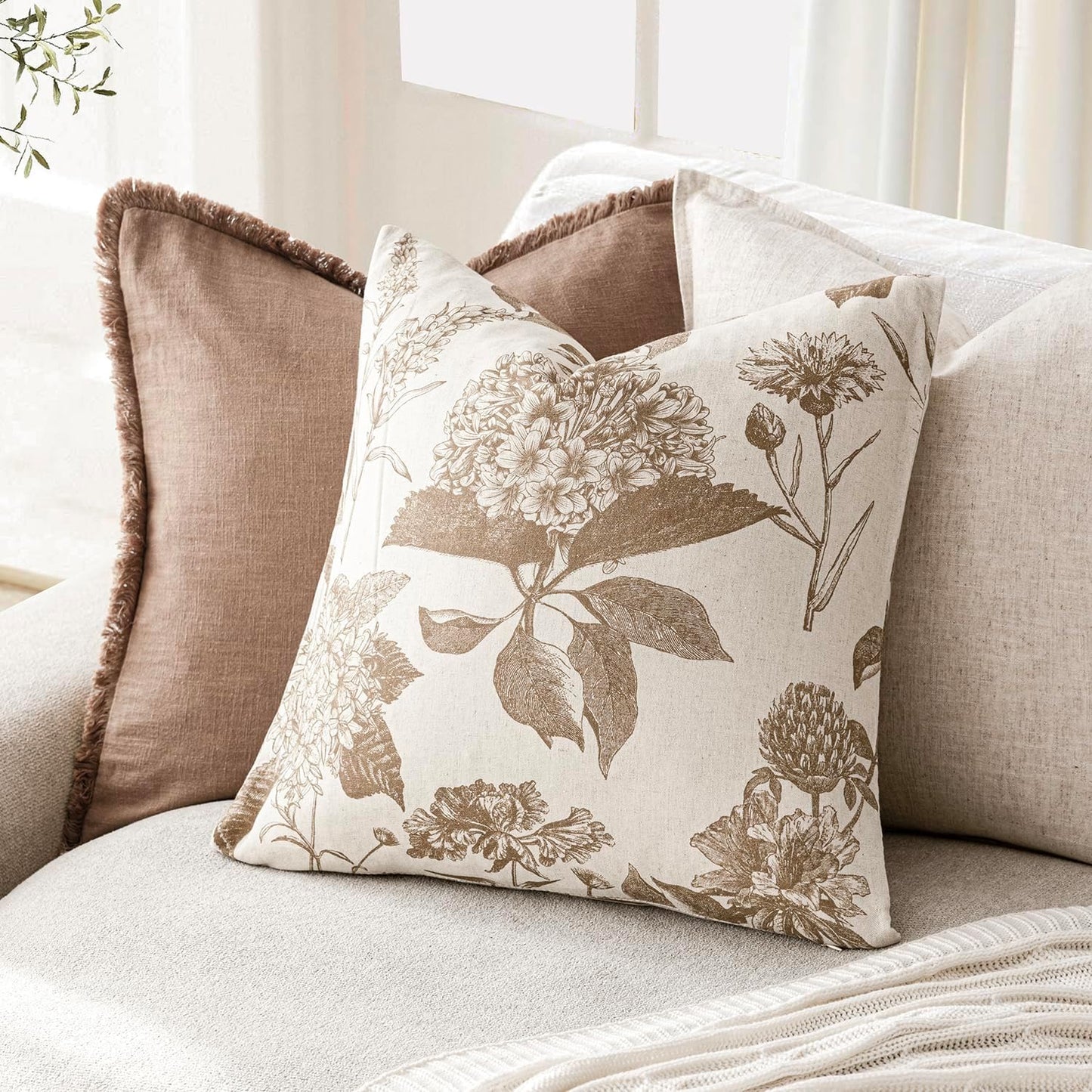 Foindtower Set of 2 Linen Floral Throw Pillow Covers Neutral Vintage Print Decorative Cushion Covers Farmhouse Boho Home Decor for Sofa Chair Couch Bedroom Living Room Outdoor,24×24 Inch,Light Brown