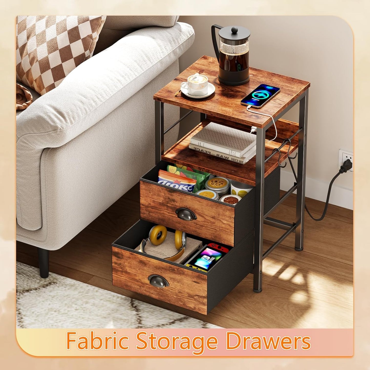 Furologee End Table with Charging Station, Nightstand with Fabric Drawers, Side Table with USB Ports & Outlets, Night Stand with Storage Shelf & Hooks, for Living Room/Bedroom, Rustic Brown