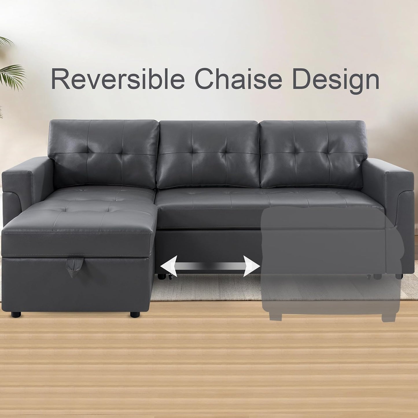 Naomi Home Transform Any Space: Sleeper Sectional Sofa with Convertible Sofa Bed & Inviting Chaise. Find Tranquil Comfort with Stress-Relieving Design & Durable Cushions - Dark Gray/Air Leather