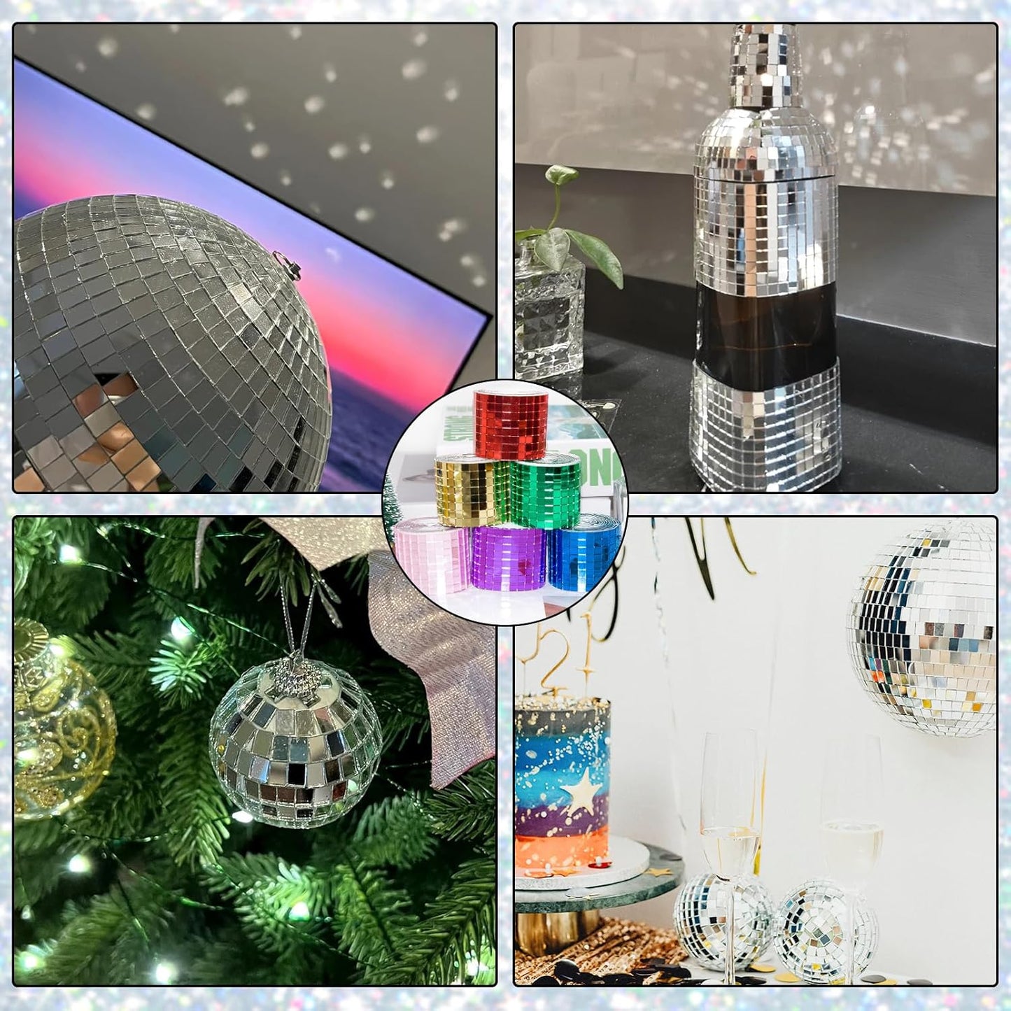 Pink Self-Adhesive Glass Mirror Mosaic Tiles, 5 x 5 mm Square Mirror Tiles, 3200 Pieces Disco Ball Tiles for DIY Craft, 2 Rolls Disco Mirror Tiles for Interior, Art Collage, Card Making, Cups