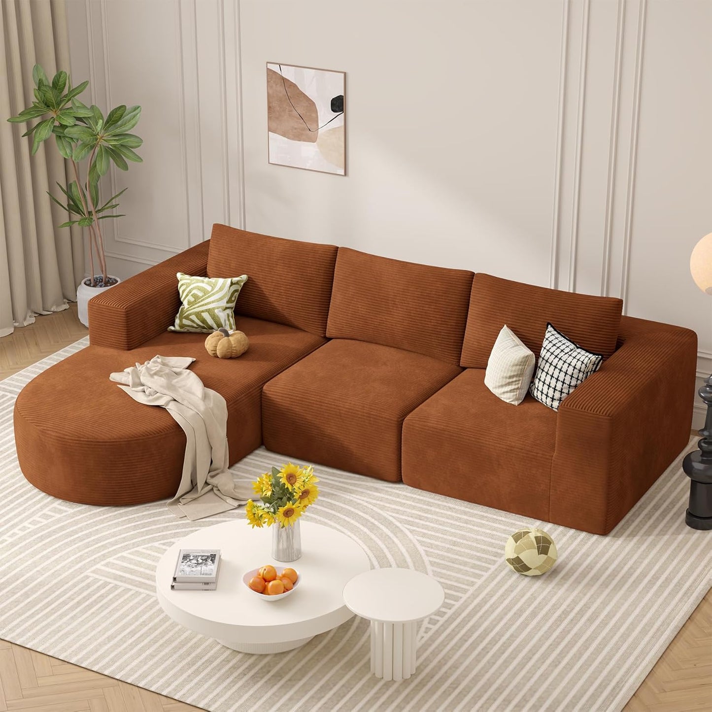 Modular Sectional Sofa with L-Shape Chaise,Cloud Sectional Modern Sleeper Couch with Deep Seat,Sponge Compression Sofas No Assembly Required (Brown-Corduroy Fabric) 1PCS