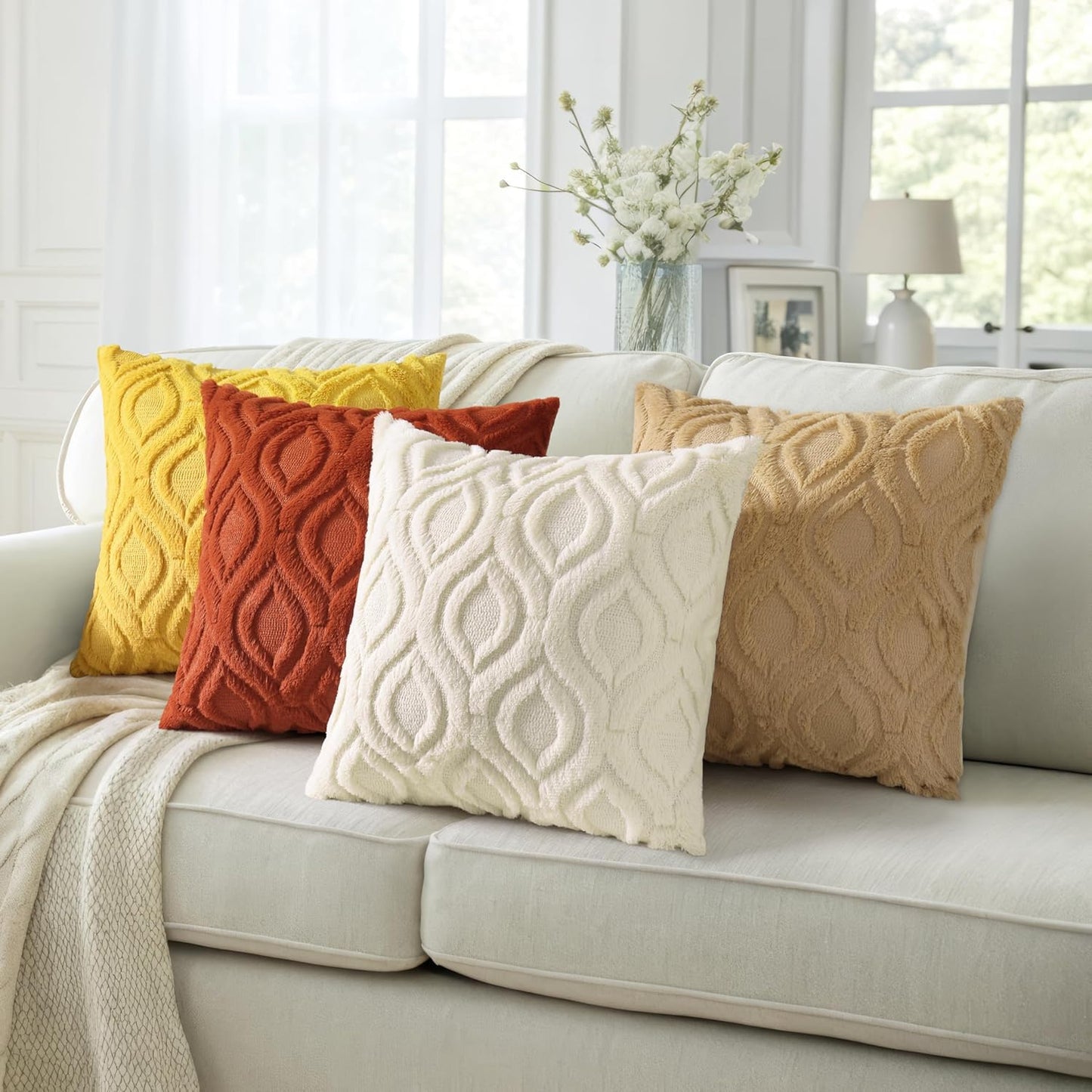 decorUhome Spring Decorative Throw Pillow Covers 20x20, Soft Plush Faux Wool Couch Pillow Covers for Home, Set of 2, Beige