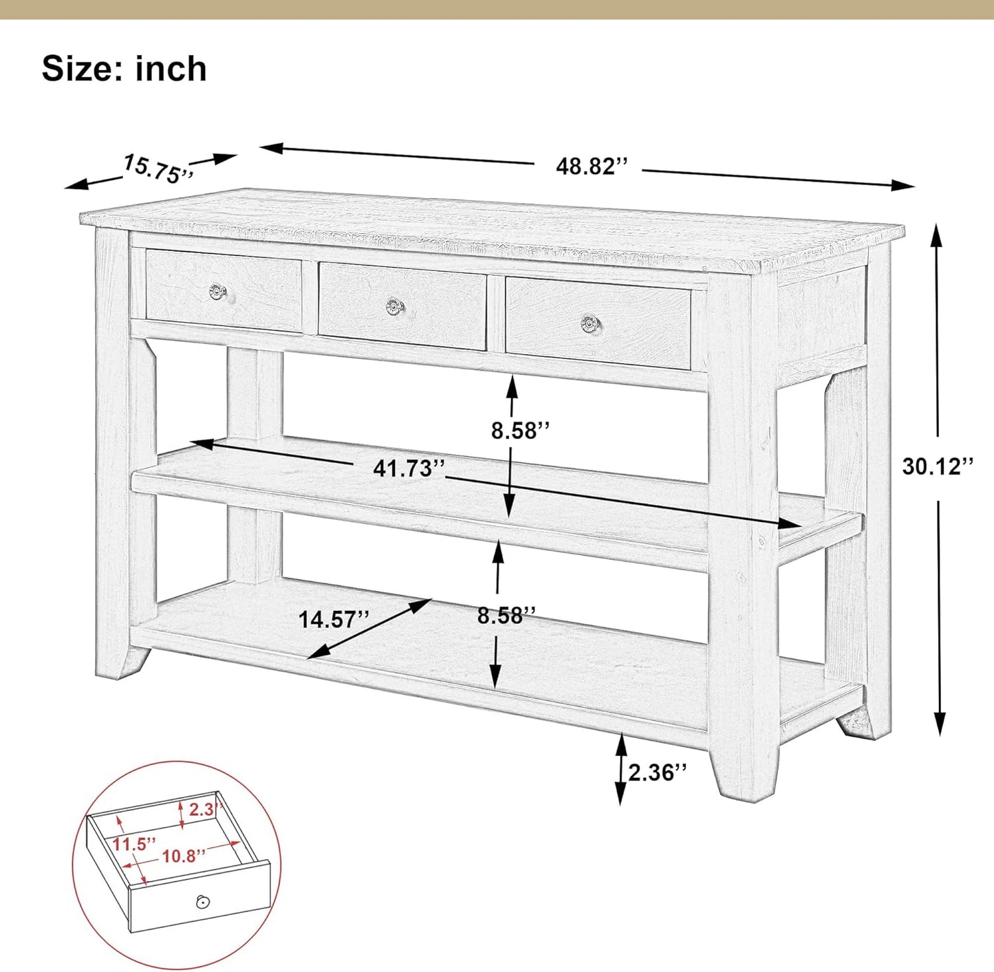 Farmhouse Wood Entryway Console Table 48-Inch Modern Sofa Entry Table with Drawers and Storage Shelves for Entrance Living Room (Antique White)