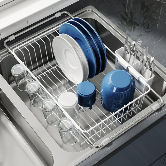 Dish Drying Rack in Sink, Small Dish Drainers for Inside Sink, Over The Sink Dish Racks, Stainless Steel Drying Rack with Utensil Holder, White
