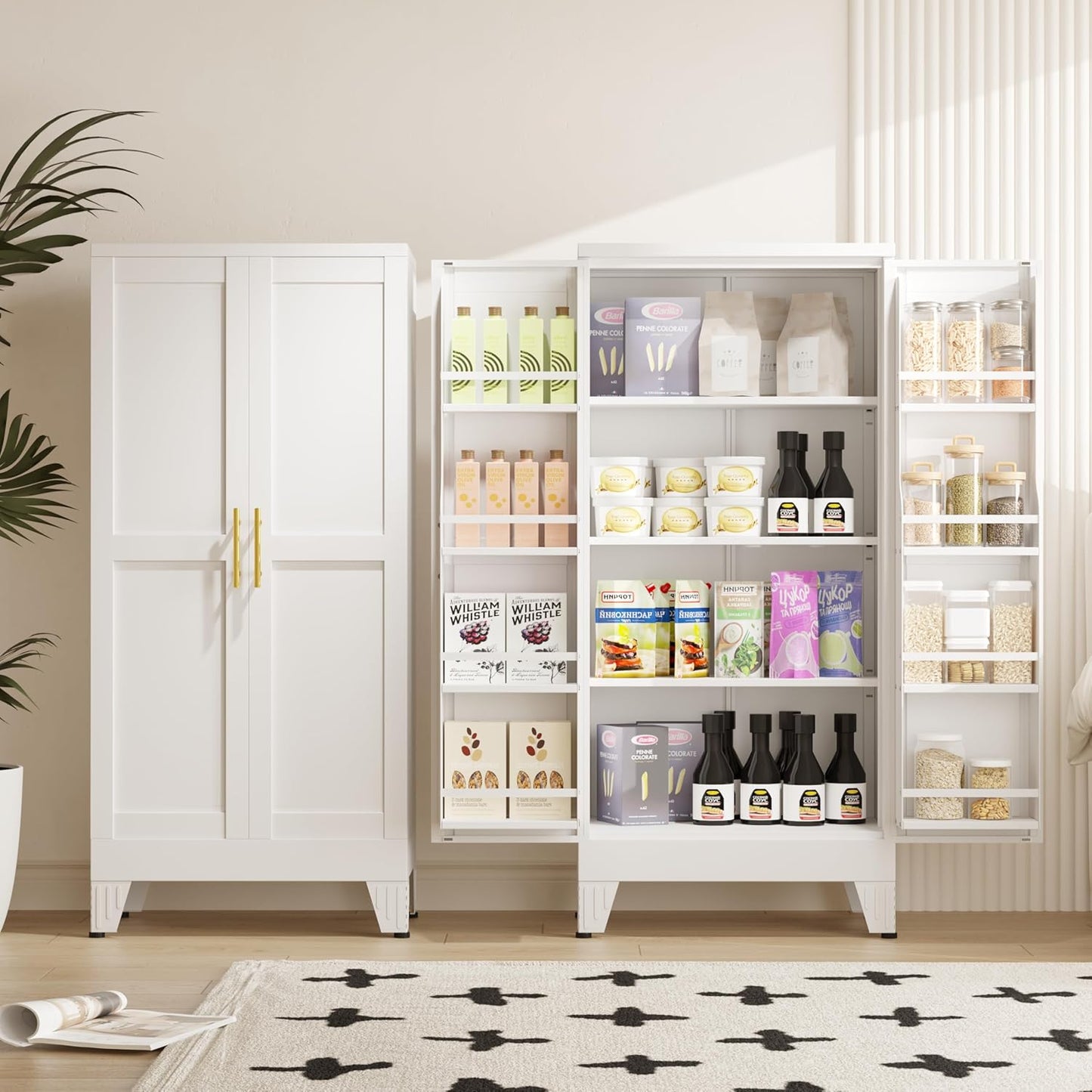51" Metal Kitchen Pantry Cabinet, Storage Cabinets with 2 Door and 3 Adjustable Shelves, White Freestanding Food Storage Cabinet, Steel Cupboard for Kitchen Dinning Room