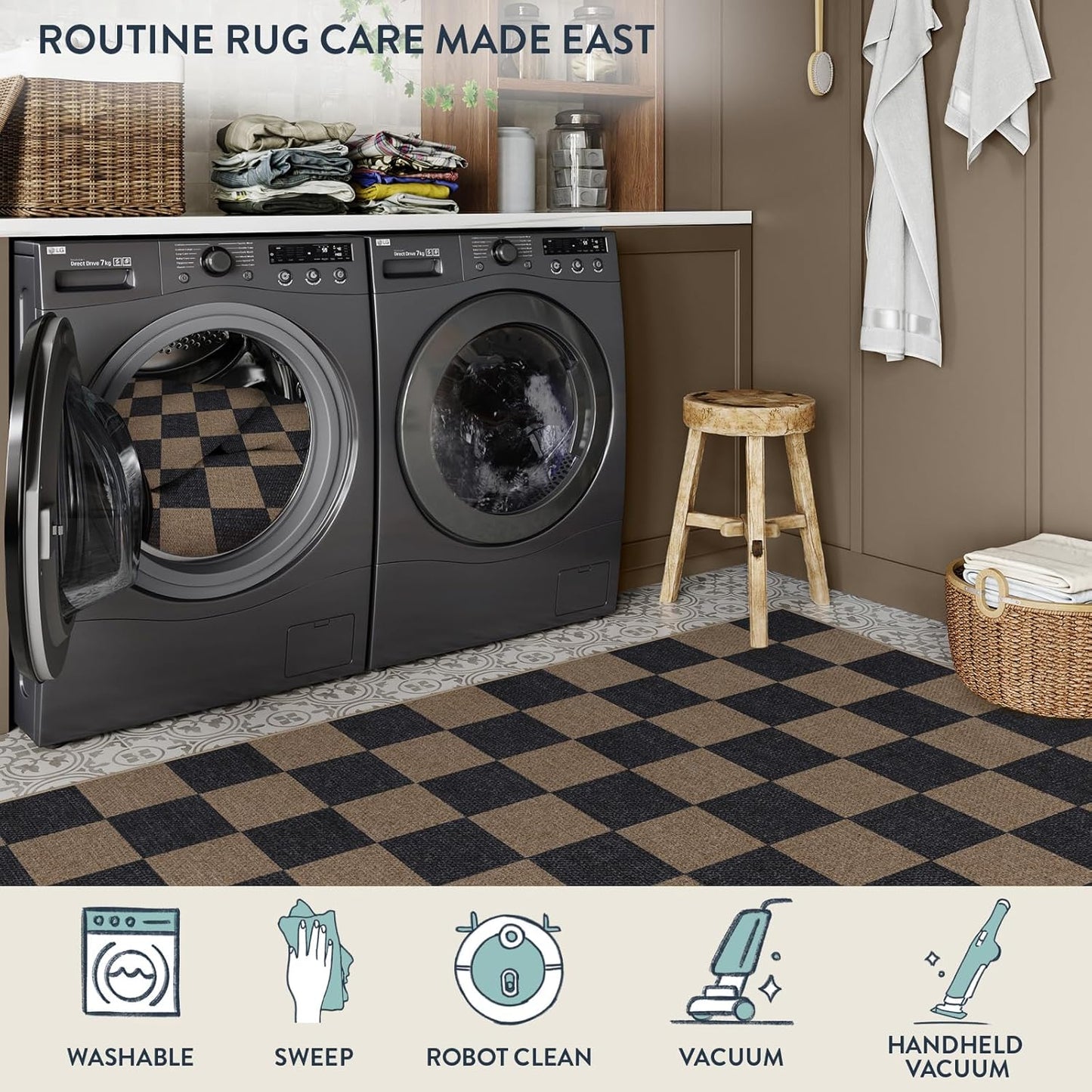 Lahome Checkered Easy Jute Living Room Rugs, 5x7 Black Dining Room Office Rug Farmhouse Washable Carpet, Checkerboard Neutral Non Slip Indoor Outdoor Carpet for Bedroom Entry Patio