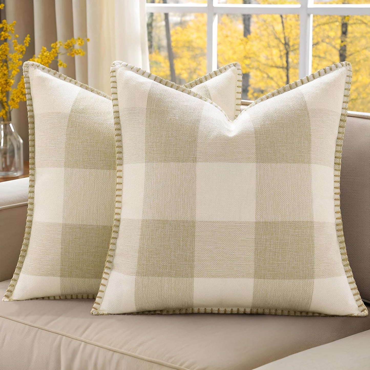 decorUhome Buffalo Plaid Check Fall Throw Pillow Covers 24x24 Set of 2, Outdoor Decorative Farmhouse Pillow Covers with Stitched Edge for Bed Couch Sofa, Cream White and Beige