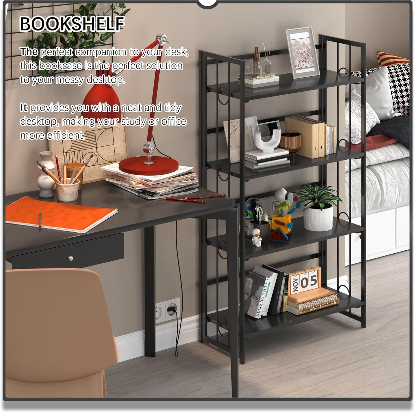 4NM No Assembly 4 Tiers Folding Bookshelf, 47.2" H Foldable Storage Shelves Vintage Bookcase Standing Racks Study Organizer Home Office - All Black