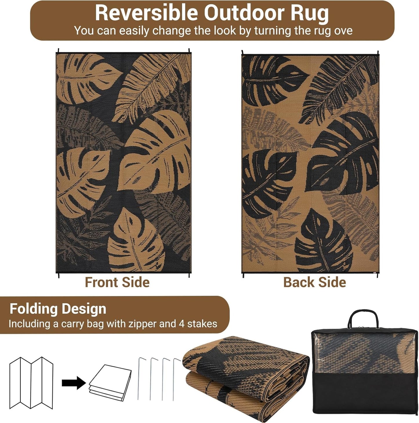 GAOMON Outdoor Patio Rug 9x18 Waterproof Outdoor Plastic Straw Rug Reversible Camping Mat, Foldable Portable RV Picnic Carpet with Bag & 4 Stakes, UV Resistant Outside Carpet for Deck Balcony, Brown