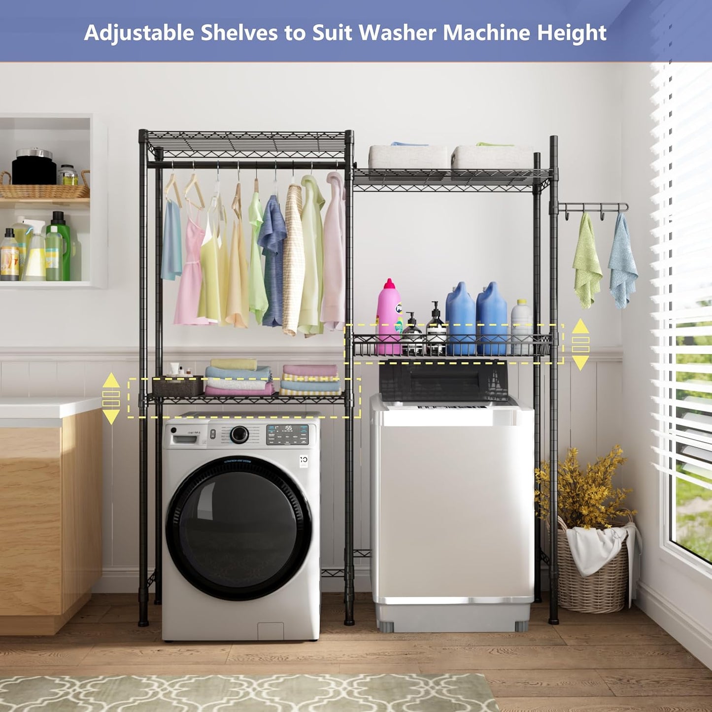 Over Washer and Dryer Shelves,Laundry Room Storage Organization Clothes Drying Rack,4 Tier Adjustable Height Wire Shelving with Wire Basket,Hanger Rod&Hook,Space Saving Shelf