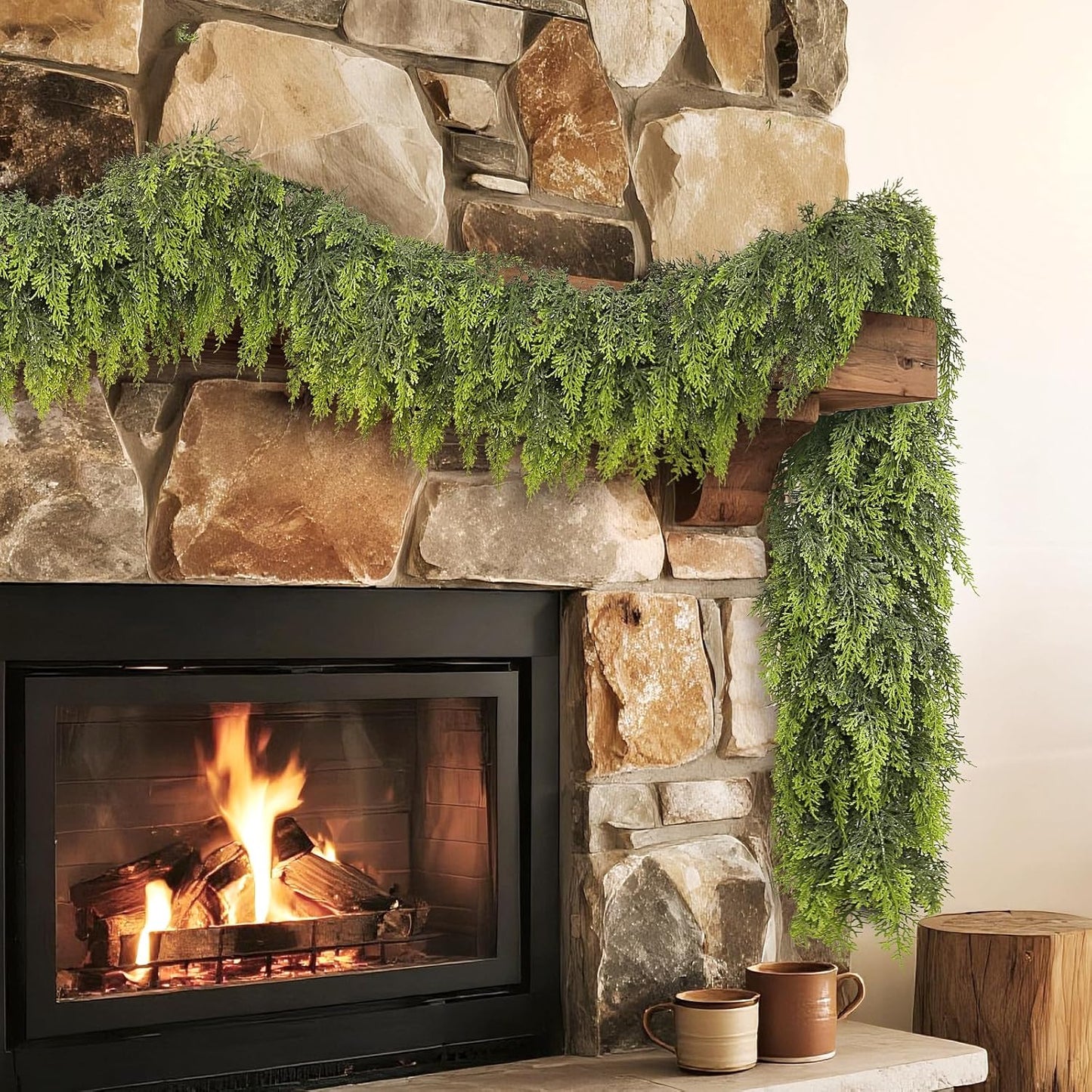 Real Touch Cedar Garland - Artificial Christmas Garlands Faux Green Cedar Fake Pine Needles Garland for Fireplace,Table, Stairs, Mantle, Window,Indoor Outdoor,Home,Holiday Decor(2 PCS,5 FT)