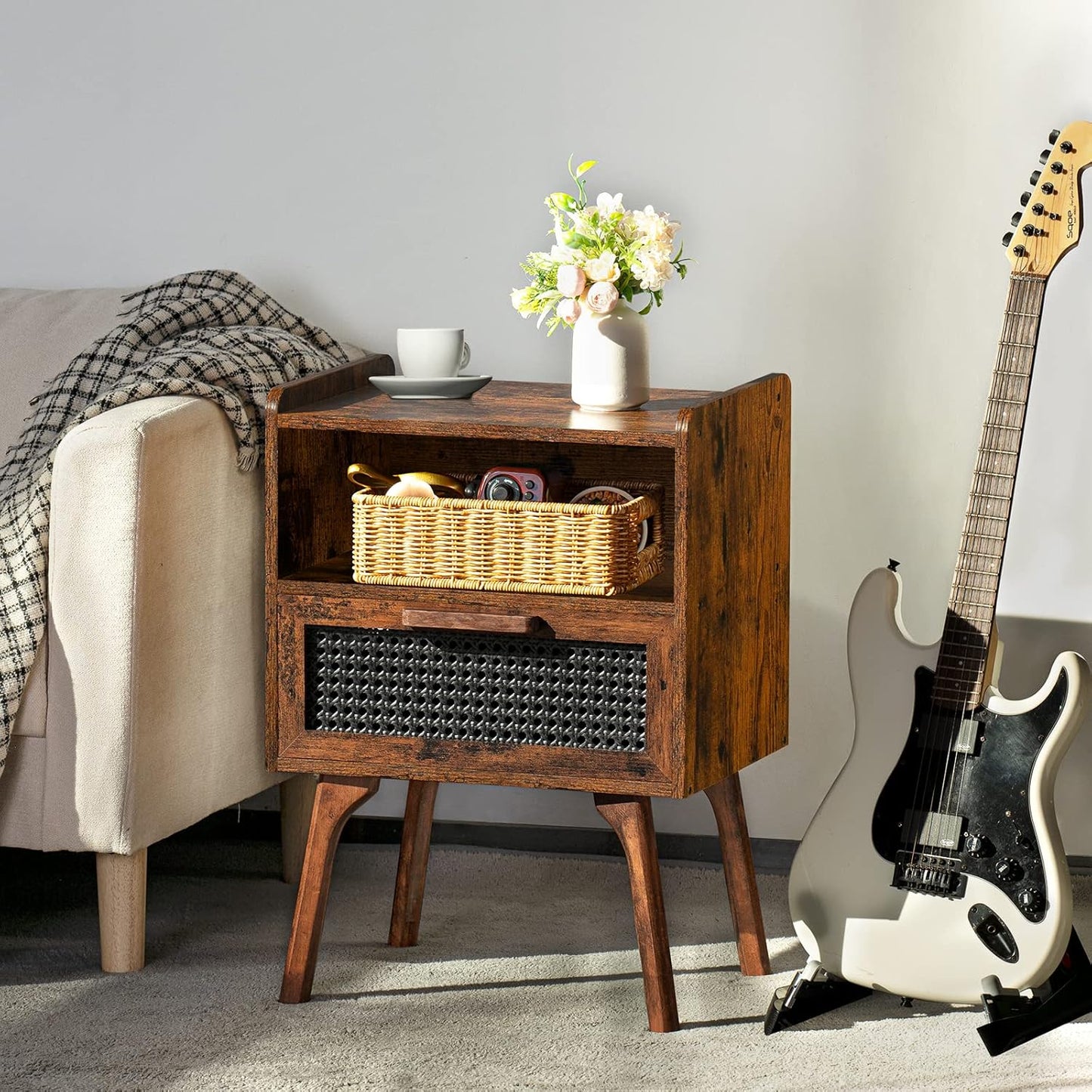 Lerliuo Rattan Nightstand, Boho Side Table with Drawer Open Shelf, Cane Accent Bedside End Table with Solid Wood Legs for Bedroom, Dorm and Small Spaces (Brown)
