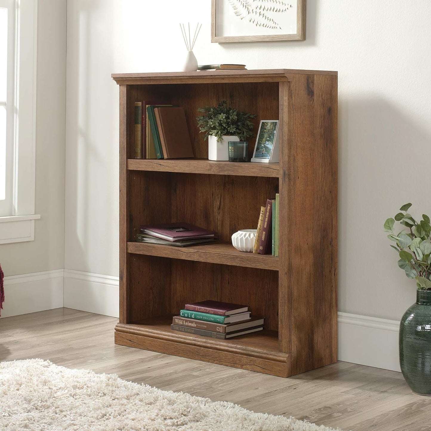 Sauder 3 Tier Book Shelf Wooden Bookcase Multipurpose Bookshelf for Home Office, Living Room, in Vintage Oak