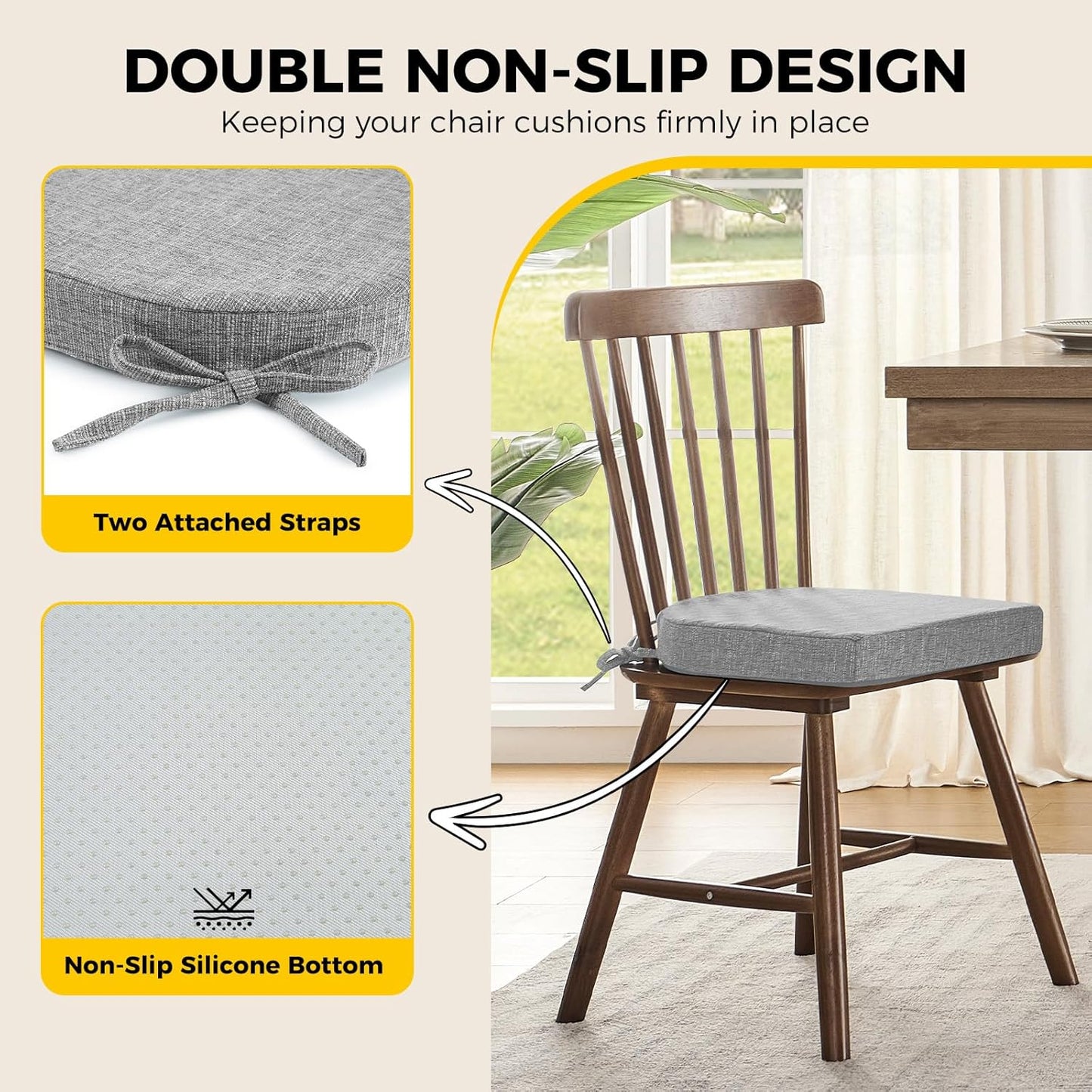 downluxe Indoor Chair Cushions for Dining Chairs, Soft and Comfortable Textured Foam Kitchen Chair Pads with Ties and Non-Slip Backing, 16" x 16" x 2", Light Grey, 4 Pack