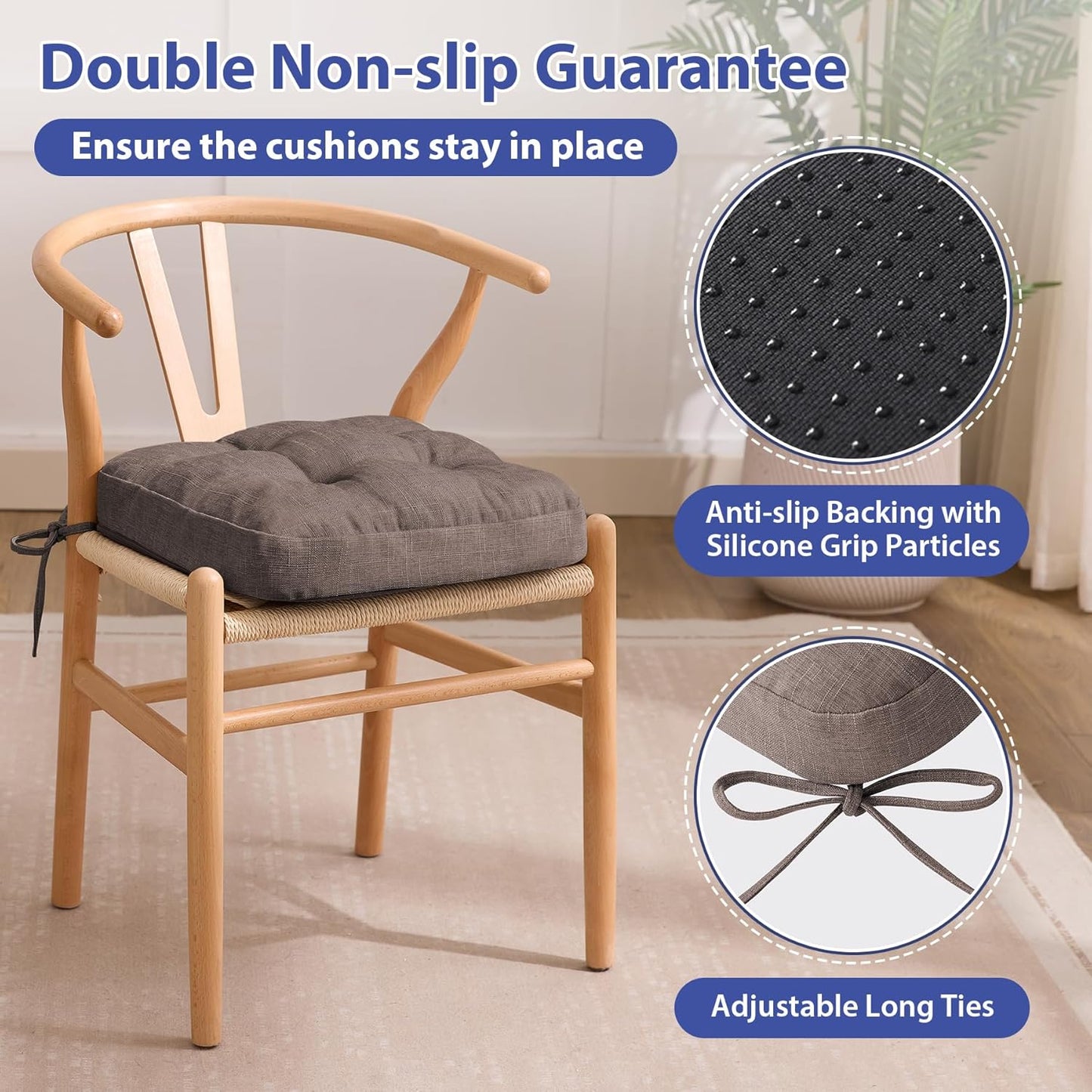 Chair Cushions for Dining Chairs, Dining Chair Cushions, Tufted Indoor Chair Pads with Ties & Non Slip Backing, Seat Cushions for Kitchen Chairs 16.5” x 16.5” x 3.5”, Set of 4, Light Brown