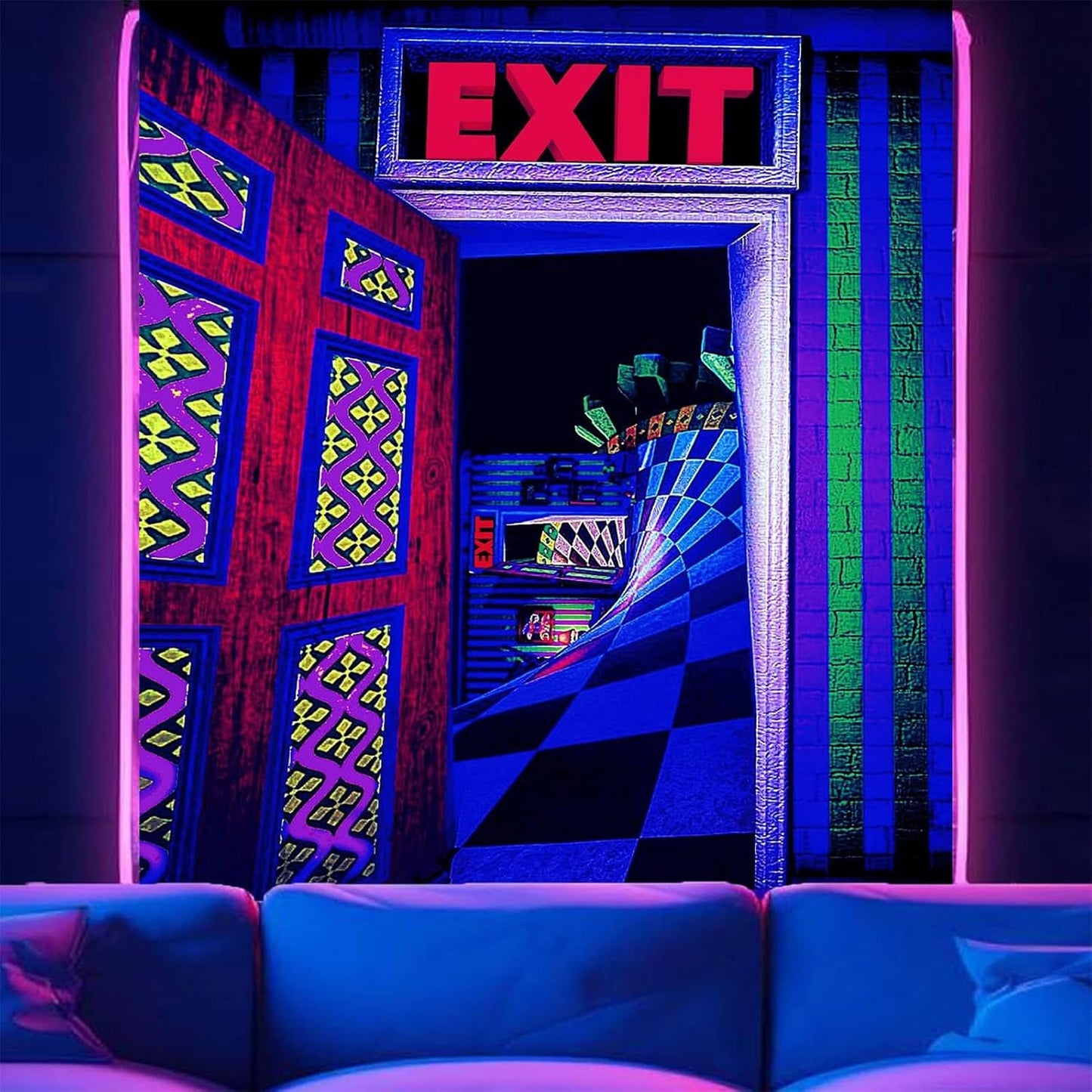 3D Exit Blacklight Tapestry Wall Decor for Men Bedroom, Trippy 3D Illusion Glow in the Dark Wall Hanging Backdrop for Men Guys Game Room, UV Reactive 3D Poster for Living Room Dorm 60x79 Inches