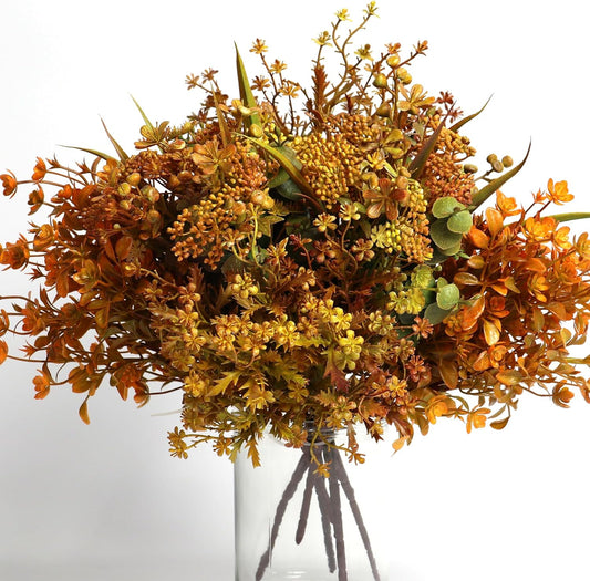 6 Bundles Artificial Fall Flowers, Autumn Decorations Leaves Greenery Shrubs for Thanksgiving Home Kitchen Room Farmhouse Floral Arrangements Indoor Outdoor Wedding Party Fireplace Fall Mixed Color