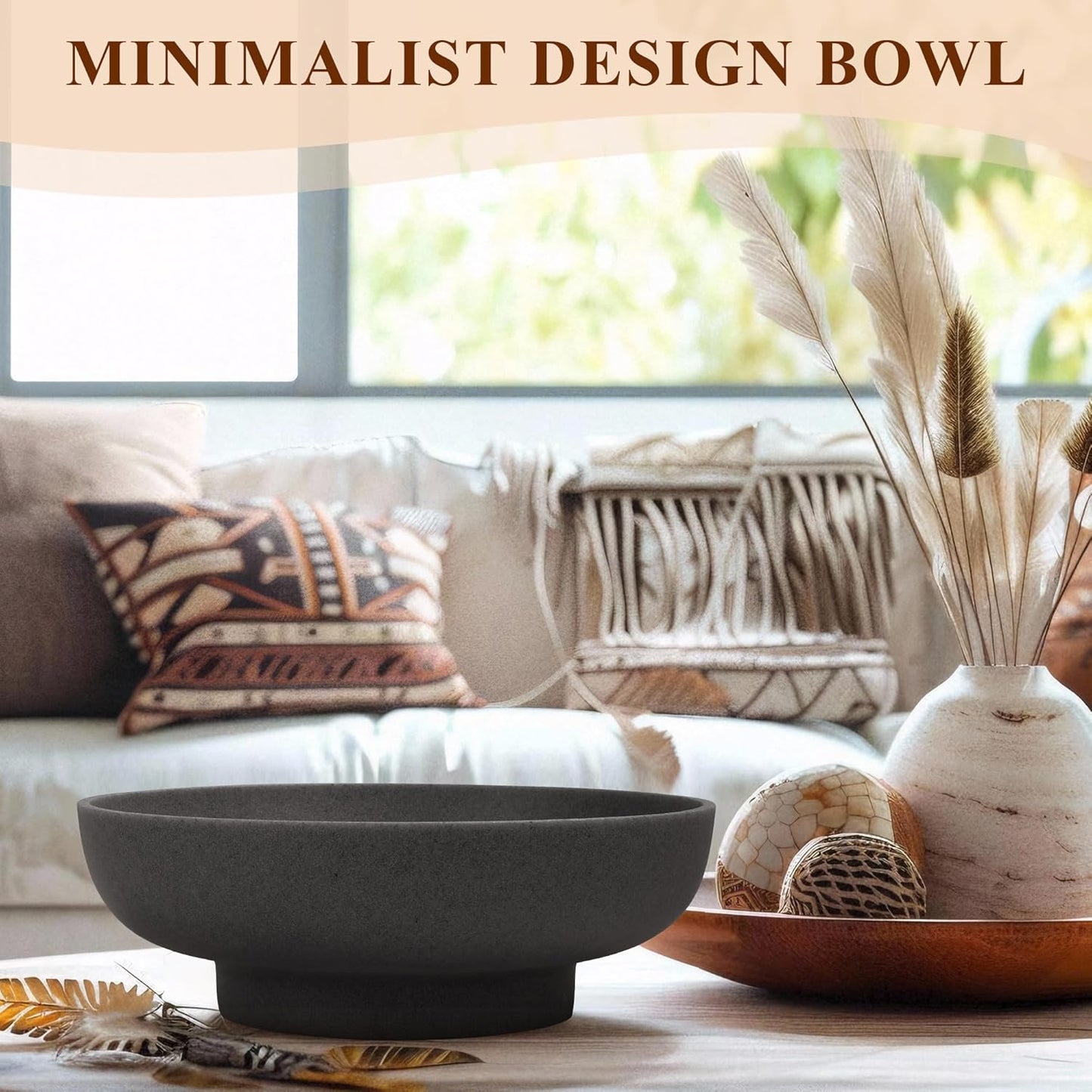 Large Decorative Resin Bowl, Modern Handicraft Bowls for Home Decor, Decorative Fruit Bowl for Kitchen Counter, Stylish Key Bowl for Entry Table, Artificial Stone Black