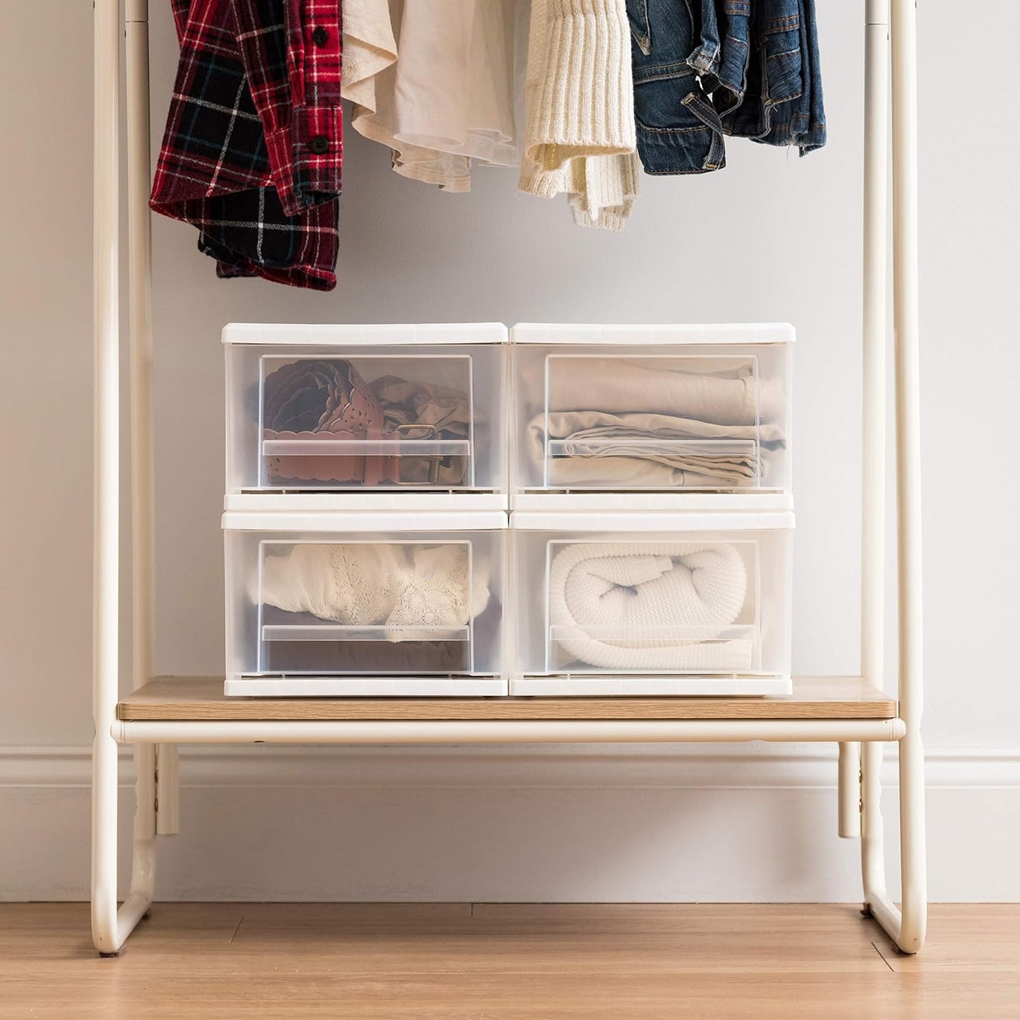IRIS USA 7 Qt. Plastic Drawer Storage Organizer Stacking Drawers, 4-Pack, Stackable Unit with Sliding Drawer for Clothes Bedroom Kitchen Under Sink Pantry Craft Room Bathroom Dorm Office, White