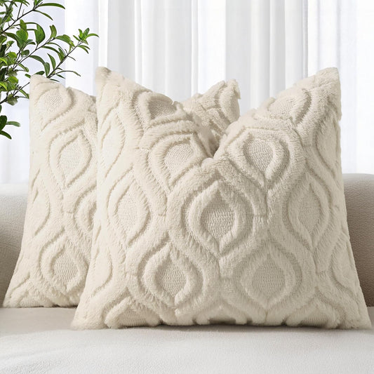decorUhome Fall Throw Pillow Covers 24x24 Inch Set of 2, Soft Plush Decorative Faux Fur Beige Solid Couch Pillow Covers, Accent Farmhouse Neutral Square Euro Pillow Cases for Sofa Bed Living Room