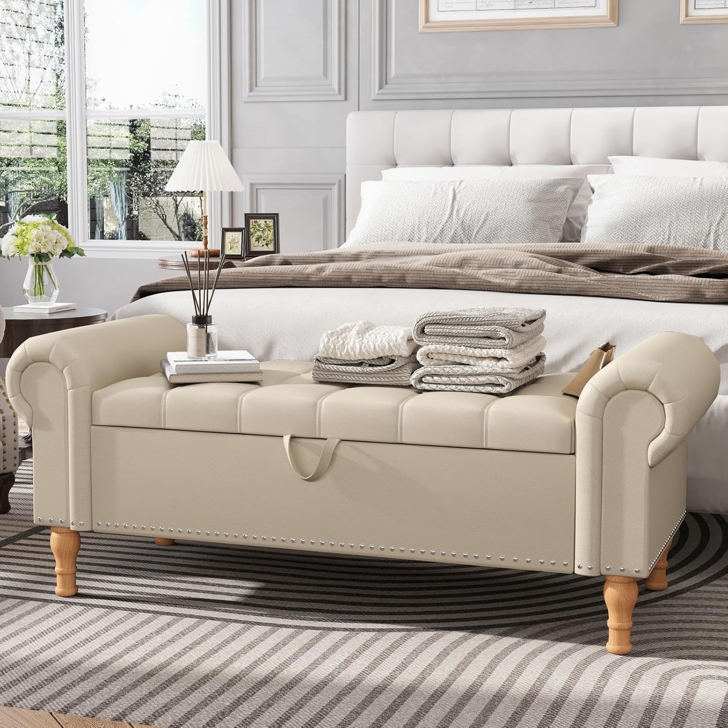 Apicizon 51”Storage Ottoman Bench, Soft Faux Leather Indoor Bench with Rolled Arm and Vintage Rivets, Large Storage Chest for Bedroom, Living Room, Entryway，Beige+Natural Legs