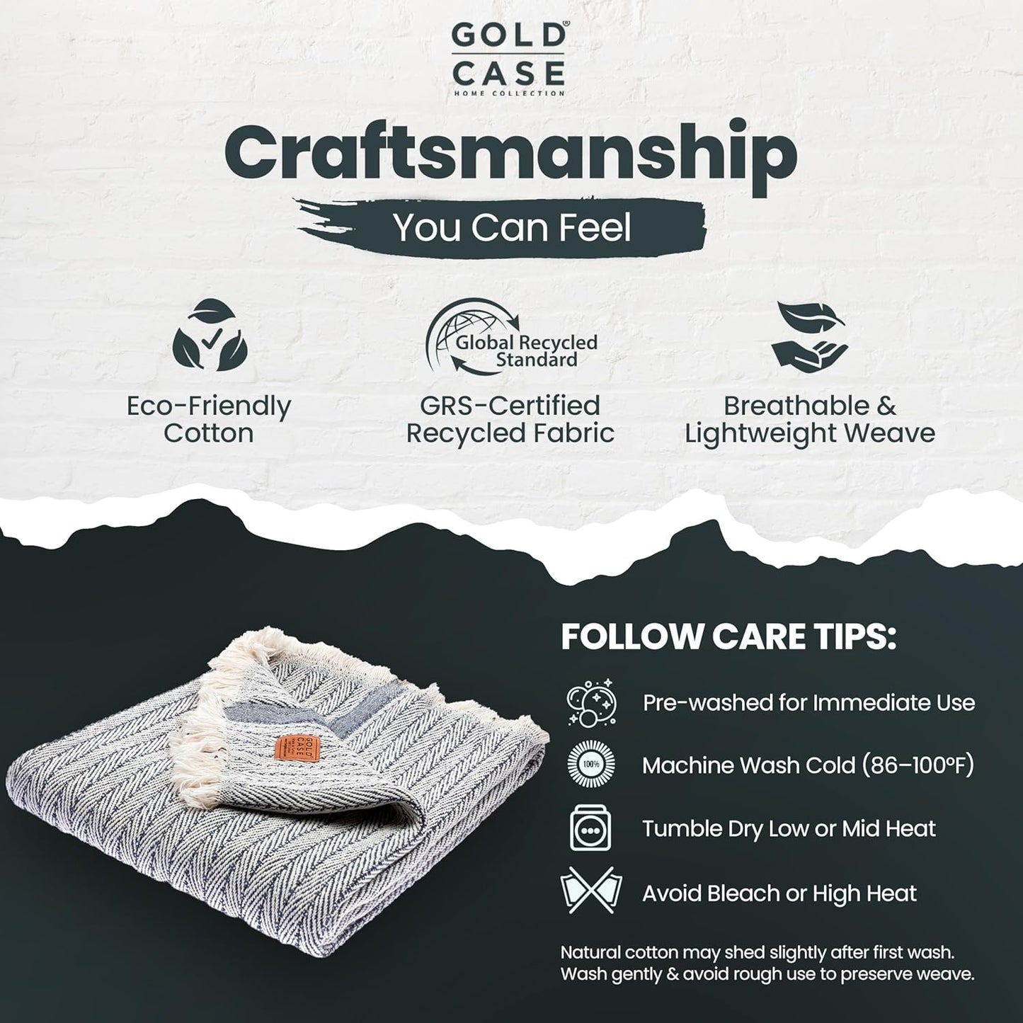 Gold Case Throw Blanket for Couch – 100% Recycled Turkish Cotton Blankets & Throws – Elegant Decorative Throw Blankets for Living Room Sofa – Woven Throws for Couch – Vintage Navy Blue – 60x80