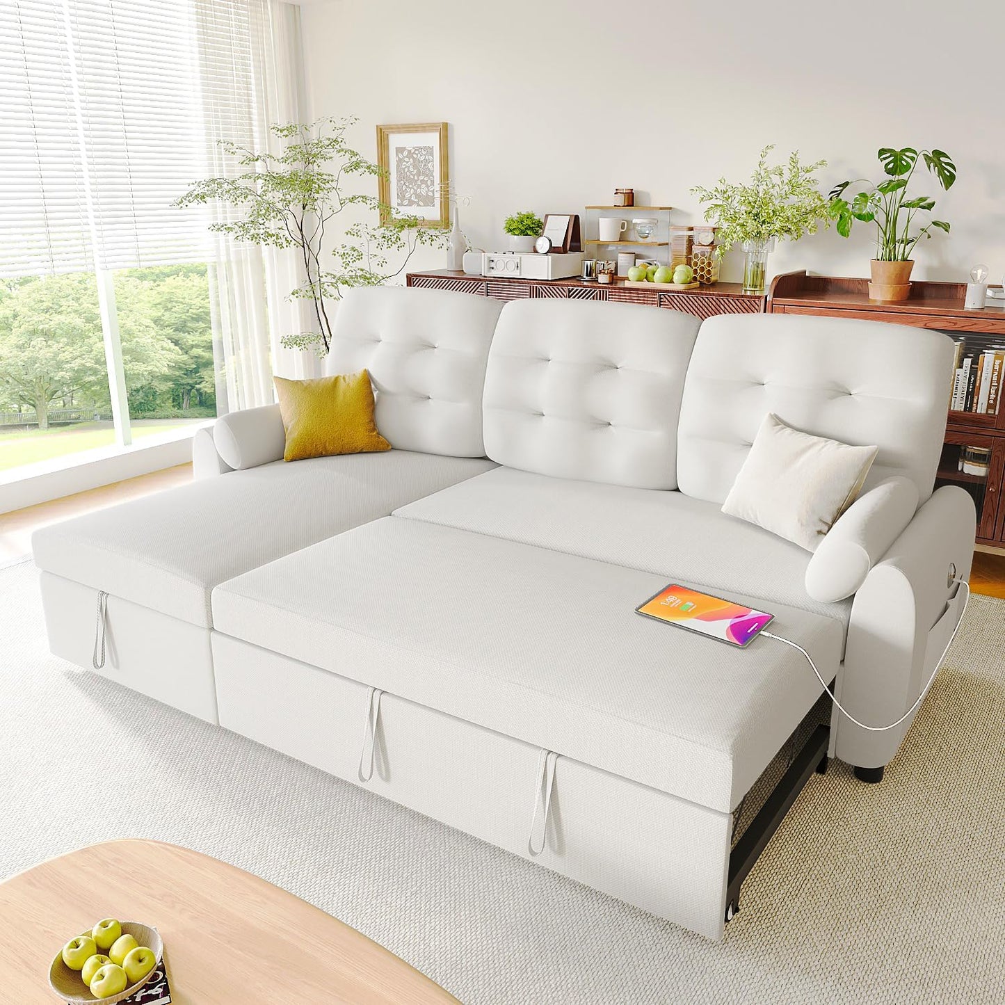 Ucloveria Sleeper Sofa Bed, 86" Convertible Sectional Sofa Couches for Living Room, 4 in 1 Pull Out Couch Bed with Reversible Storage Chaise | USB Ports | Side Pockets | Removable Backrest