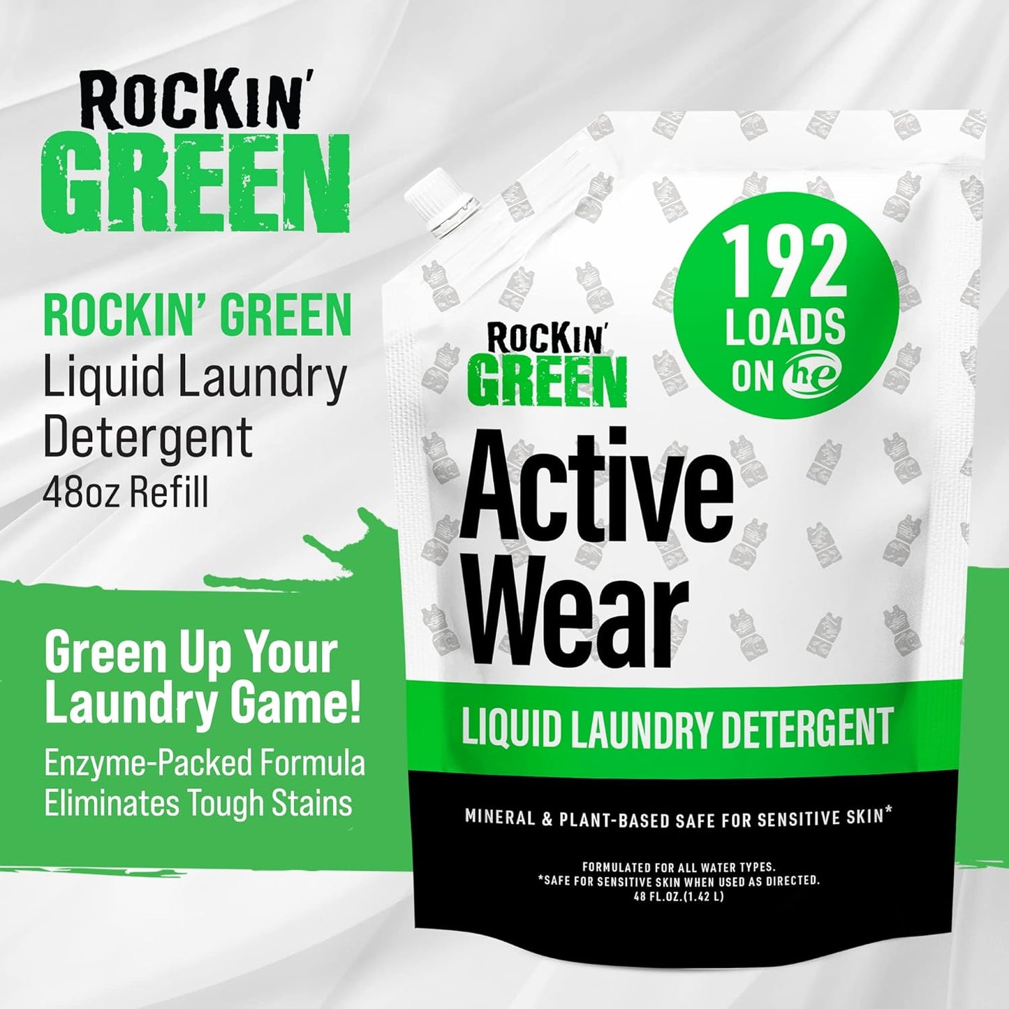 Rockin' Green Laundry Detergent, Plant based, All Natural Laundry Detergent Powder, Vegan and Biodegradable Odor Fighter, Safe for Sensitive Skin (Liquid Laundry Detergent 192 Loads - Unscented)