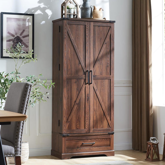 72‘’ Farmhouse Kitchen Pantry Cabinet with Drawer, Tall Storage Cabinet with 2 Barn Doors and Shelves, Versatile Large Rustic for Dining Room, Bathroom, Living Room, Laudry, Brown