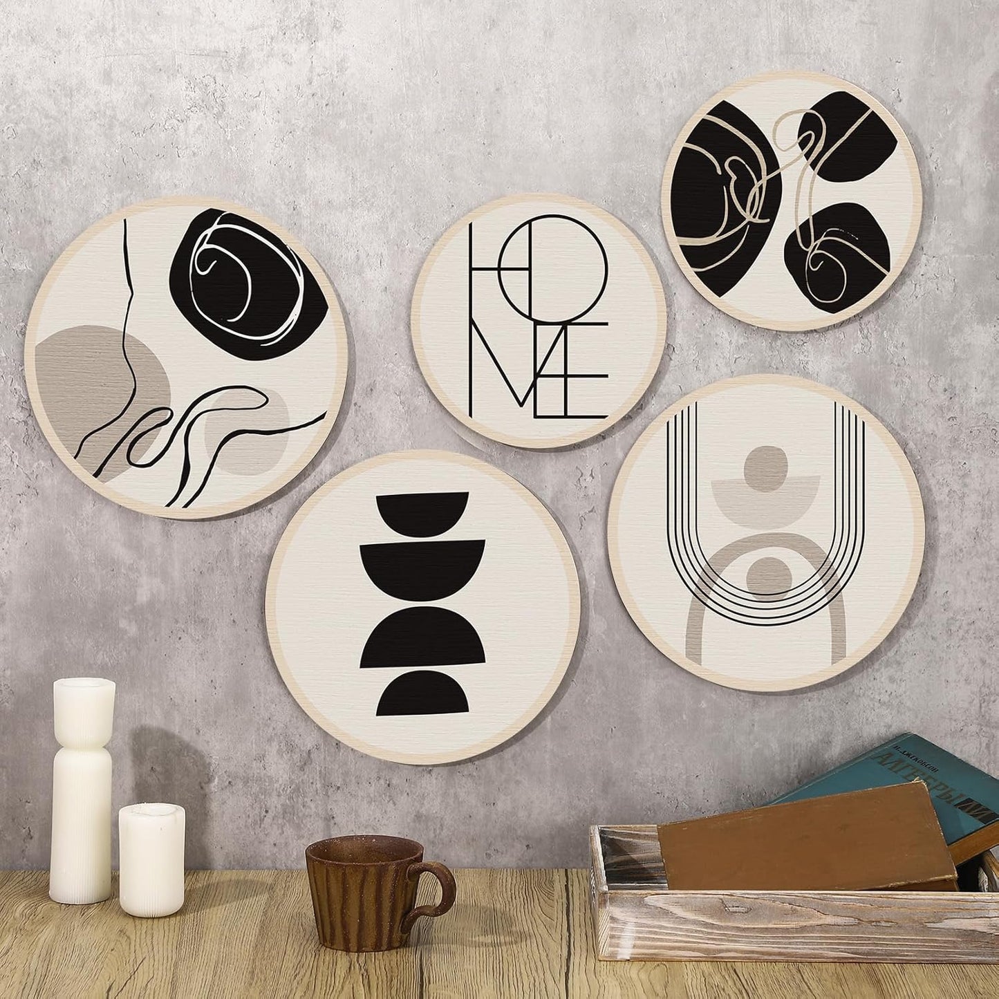 Qunclay 5 Pcs Wall Art Decor Wooden Living Room Wall Decor Bohemian Hanging Farmhouse Geometric 10'' and 8'' Aesthetic Wood Minimalist Posters for Bedroom(Classic)