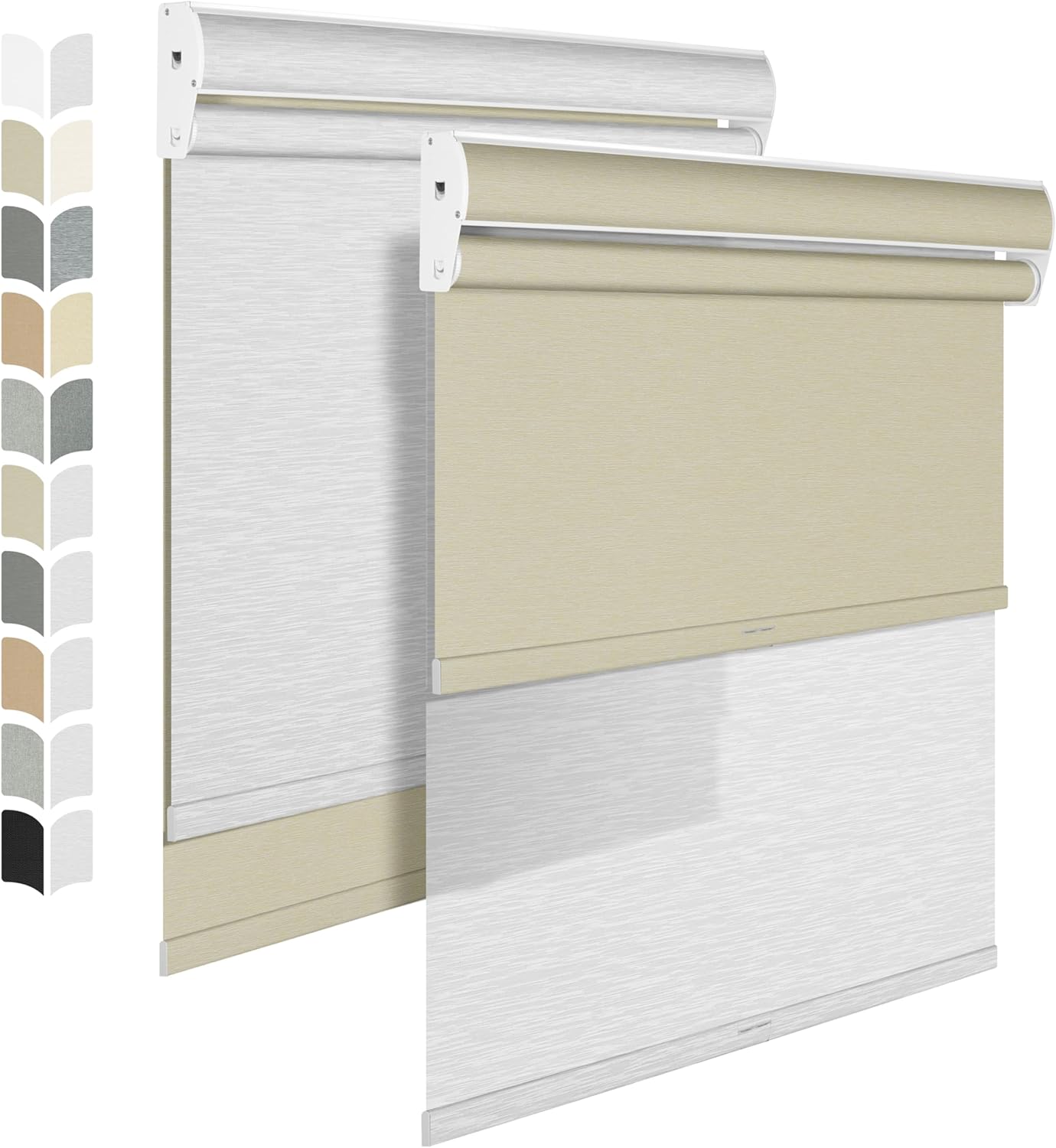 BERISSA Cordless Dual Roller Shades with Cassette Valance,Double Window Shades Blackout and Light Filtering Shades,Day and Night Roller Shades for Home Office Door.Beige and White.44 W x 56" H